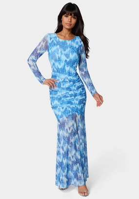 Sharp Style Puff-Sleeve Ruched Longsleeve Printed Maxi Dress