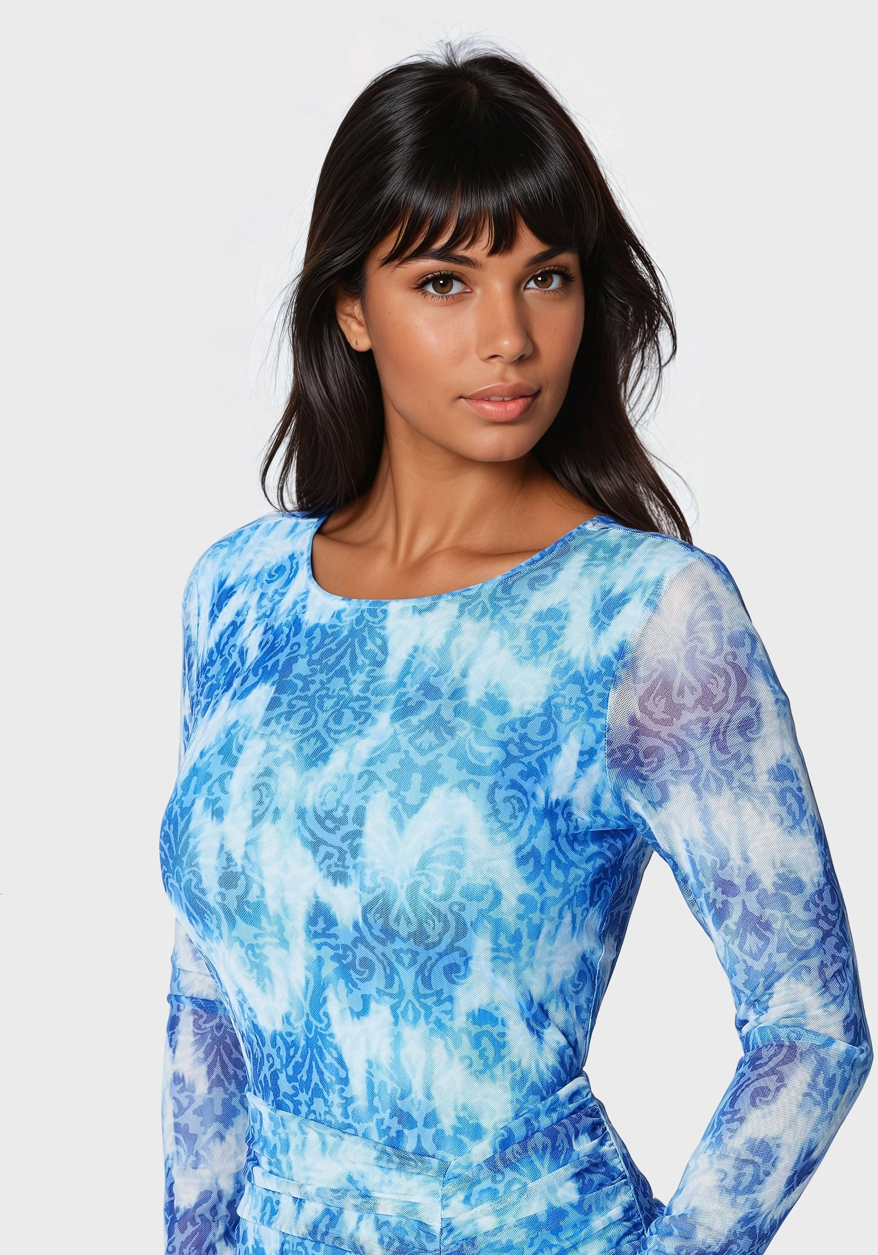 Ruched Longsleeve Printed Maxi Dress Embroidered Fabric