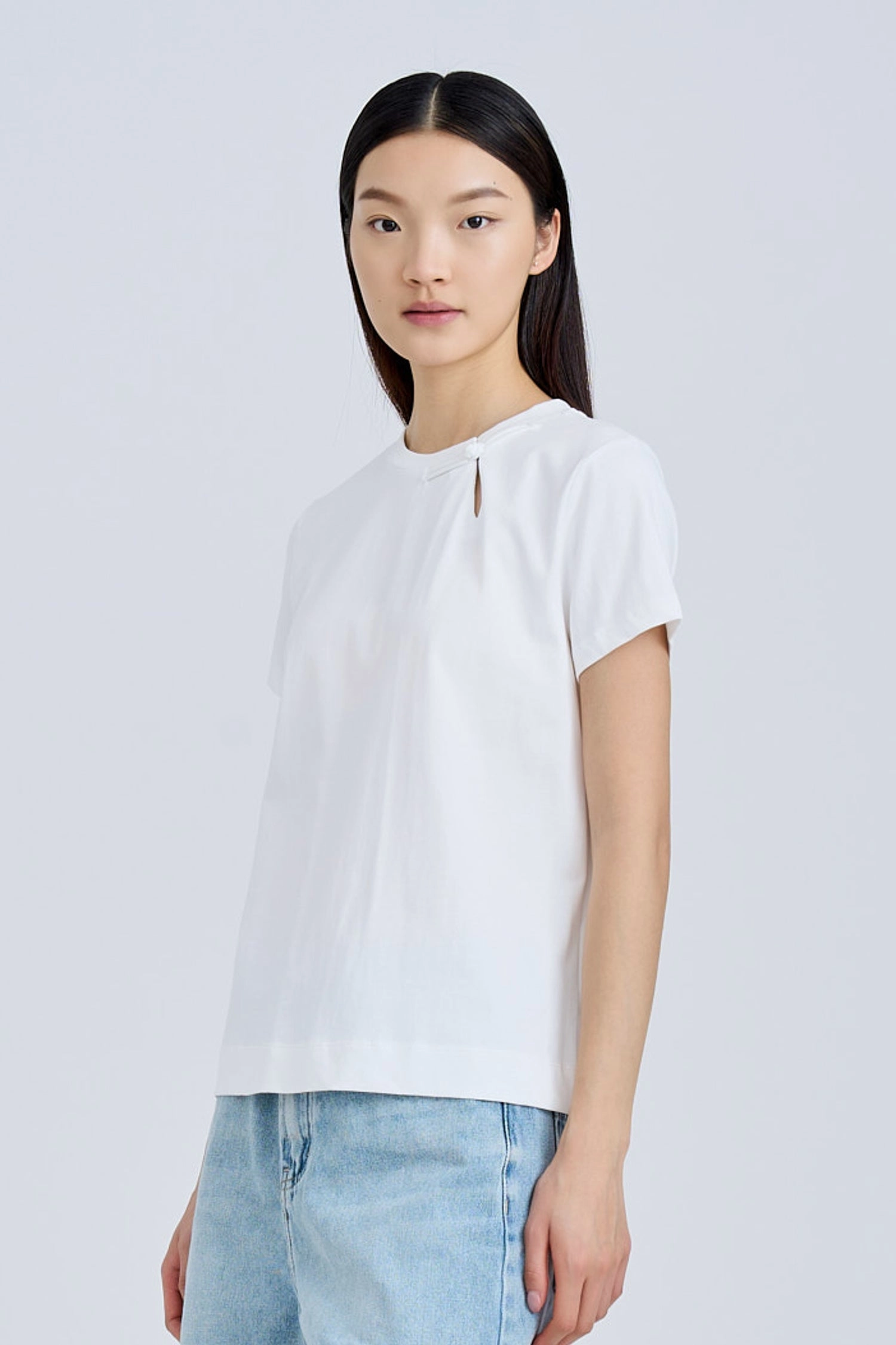 Soft Breathable Mandarin Button Knot Tee - Cream [AT]