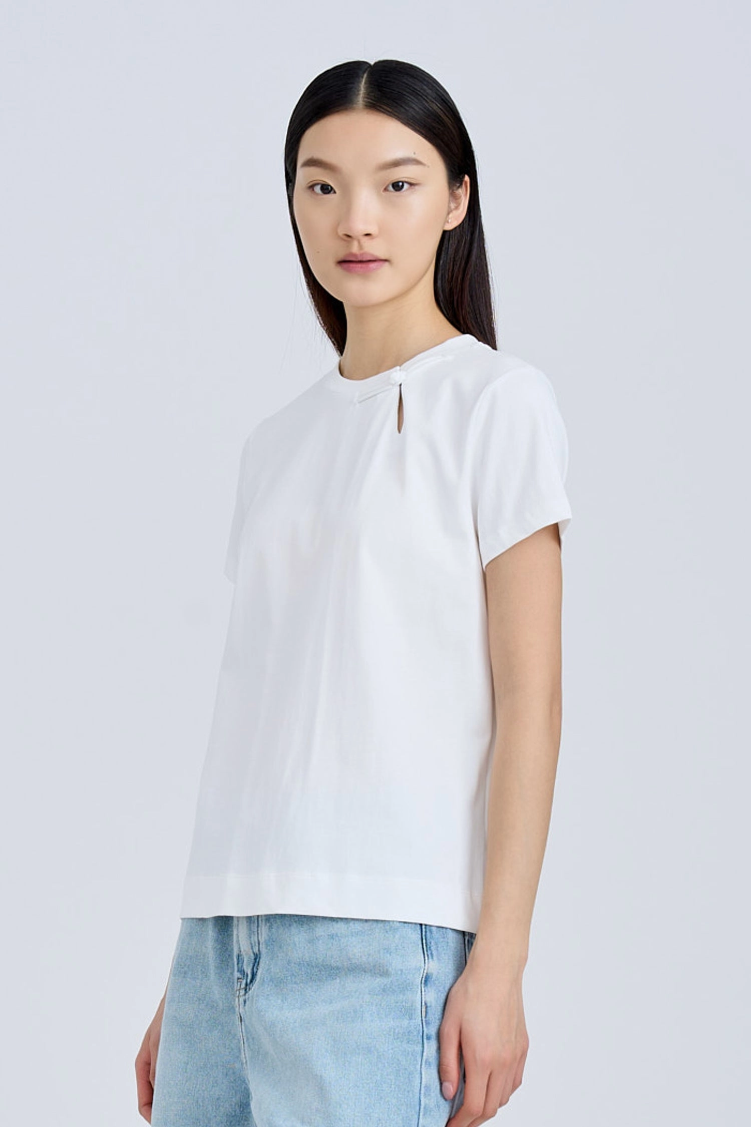 comfortable option Cool Layering Mandarin Button Knot Tee - Cream [AT]