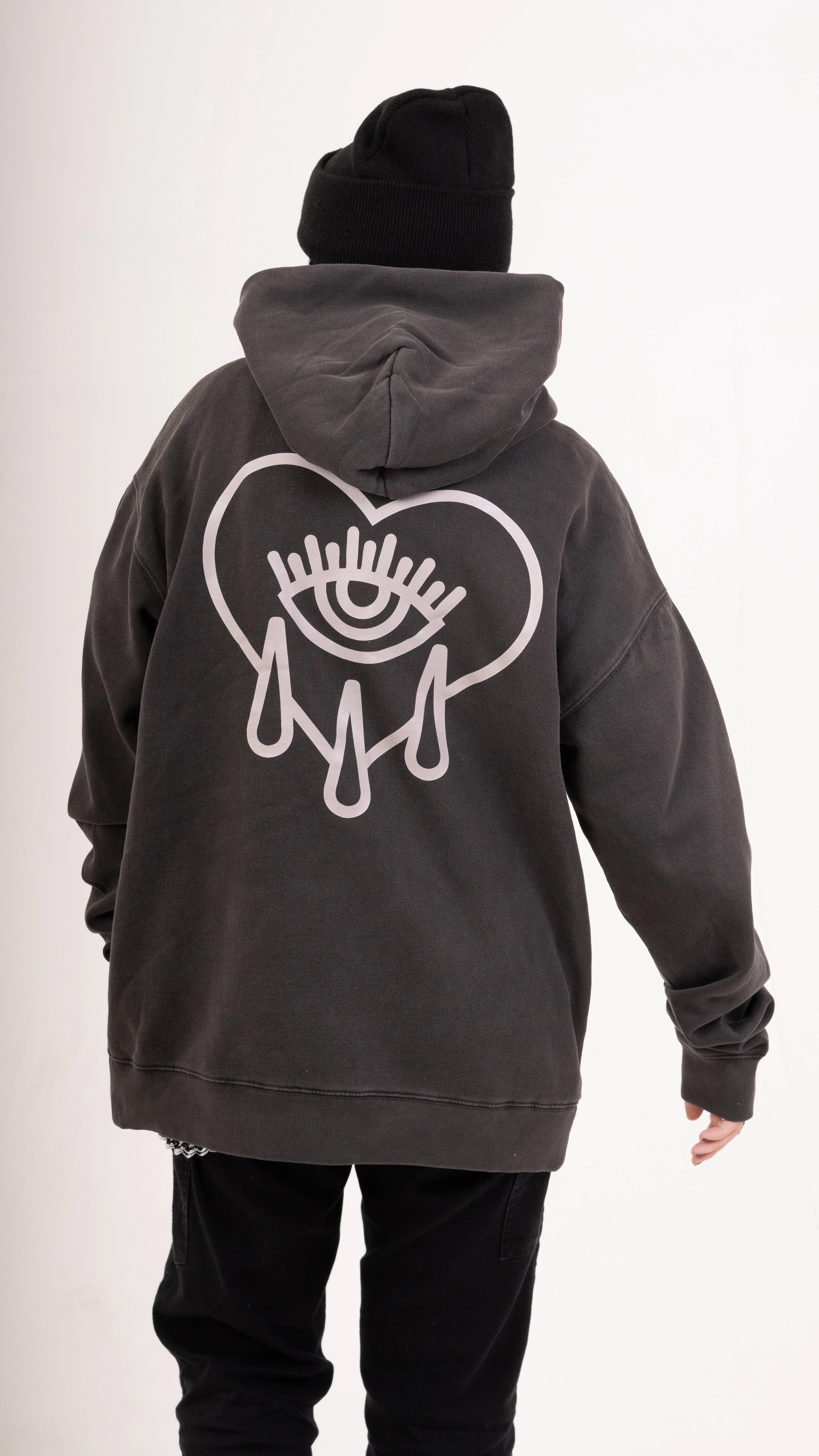 Zip Faded Crying Heart Hoodie - Black Insulated Design Hollow Fiber Fill