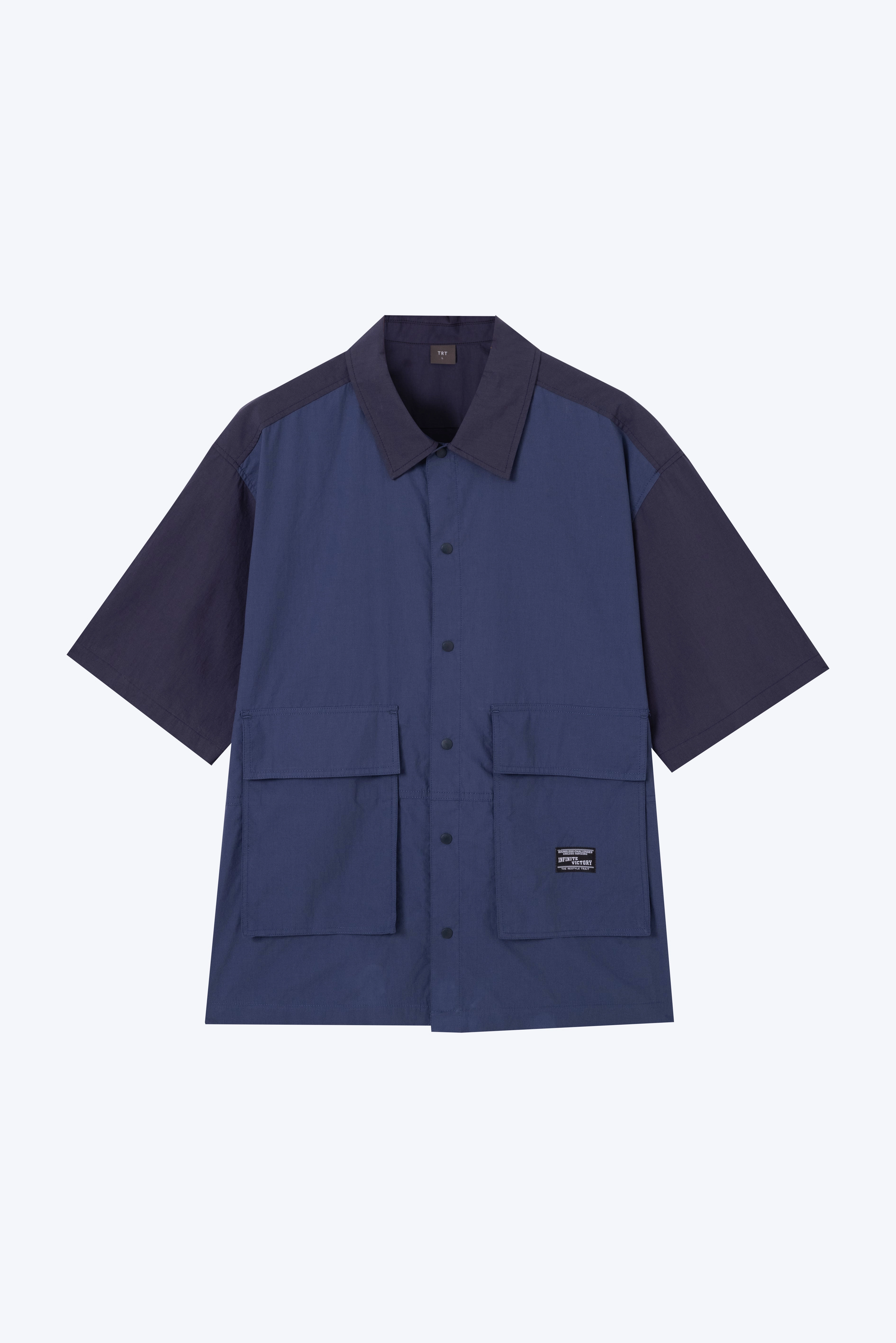 Minimal Fashion Oversized Flap Pocket Shirt - Navy