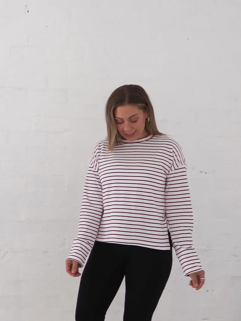 Party situation Autumn Wear Taylah Long Sleeve Tee- Burgundy and White