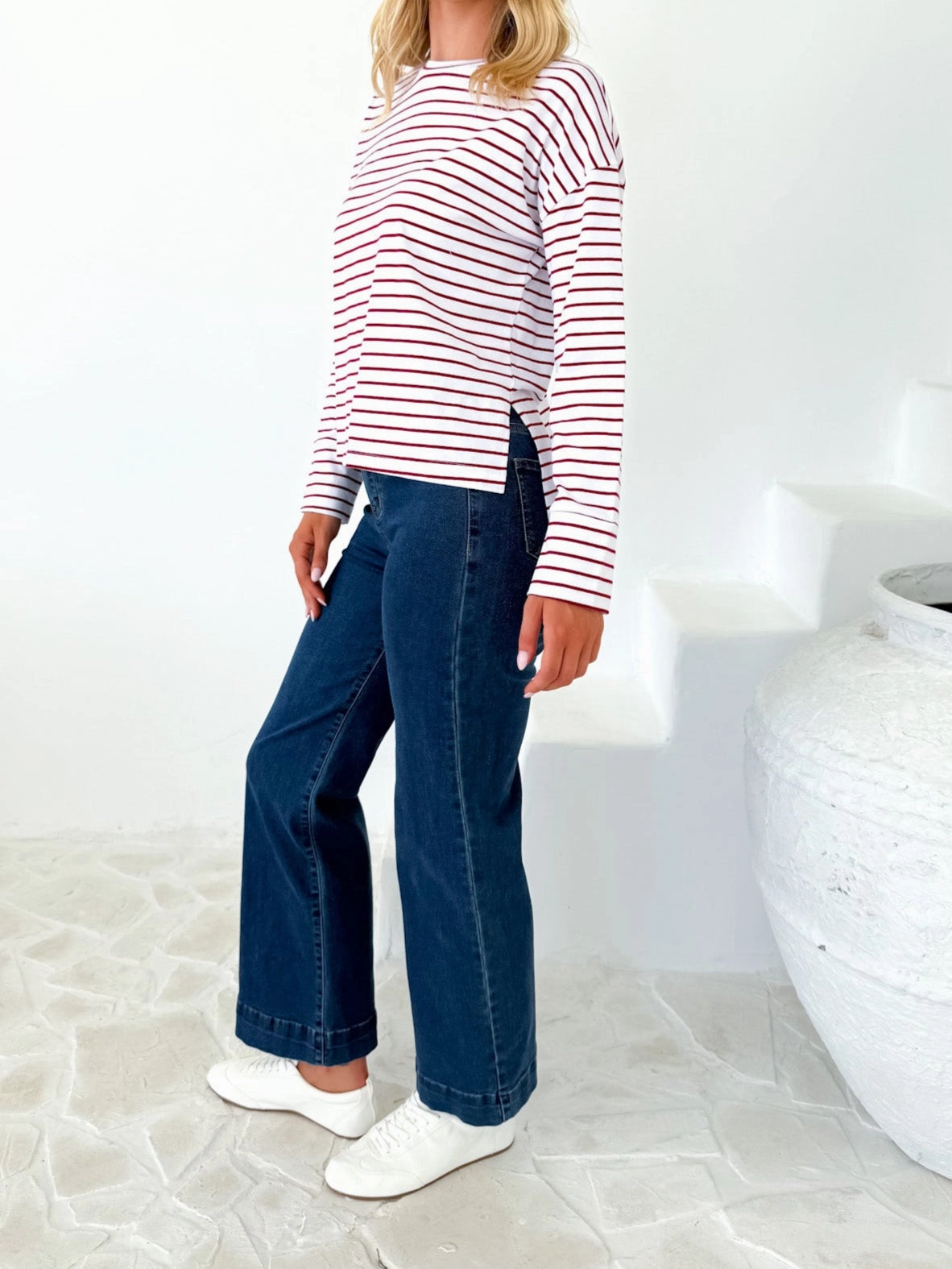 Taylah Long Sleeve Tee- Burgundy and White sunglasses Tall