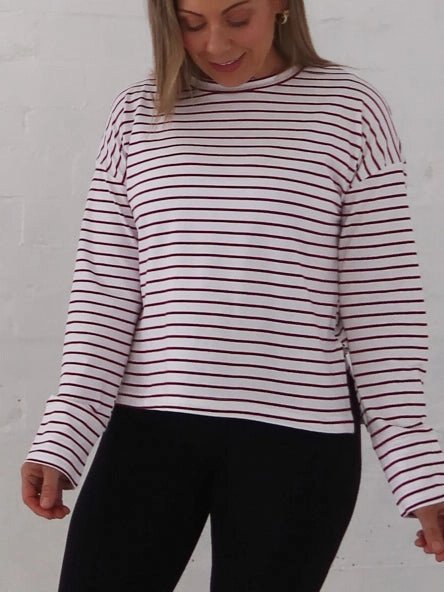 Taylah Long Sleeve Tee- Burgundy and White jewelry