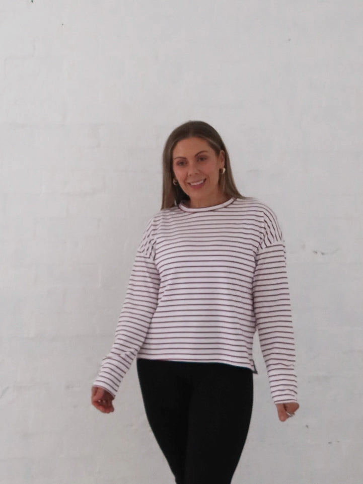 Hand washable Taylah Long Sleeve Tee- Burgundy and White