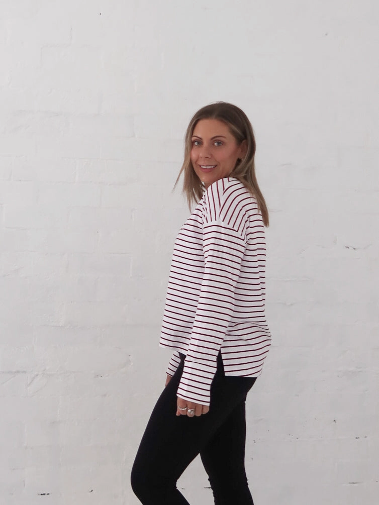 Tagless Neck Design Style - conscious Taylah Long Sleeve Tee- Burgundy and White