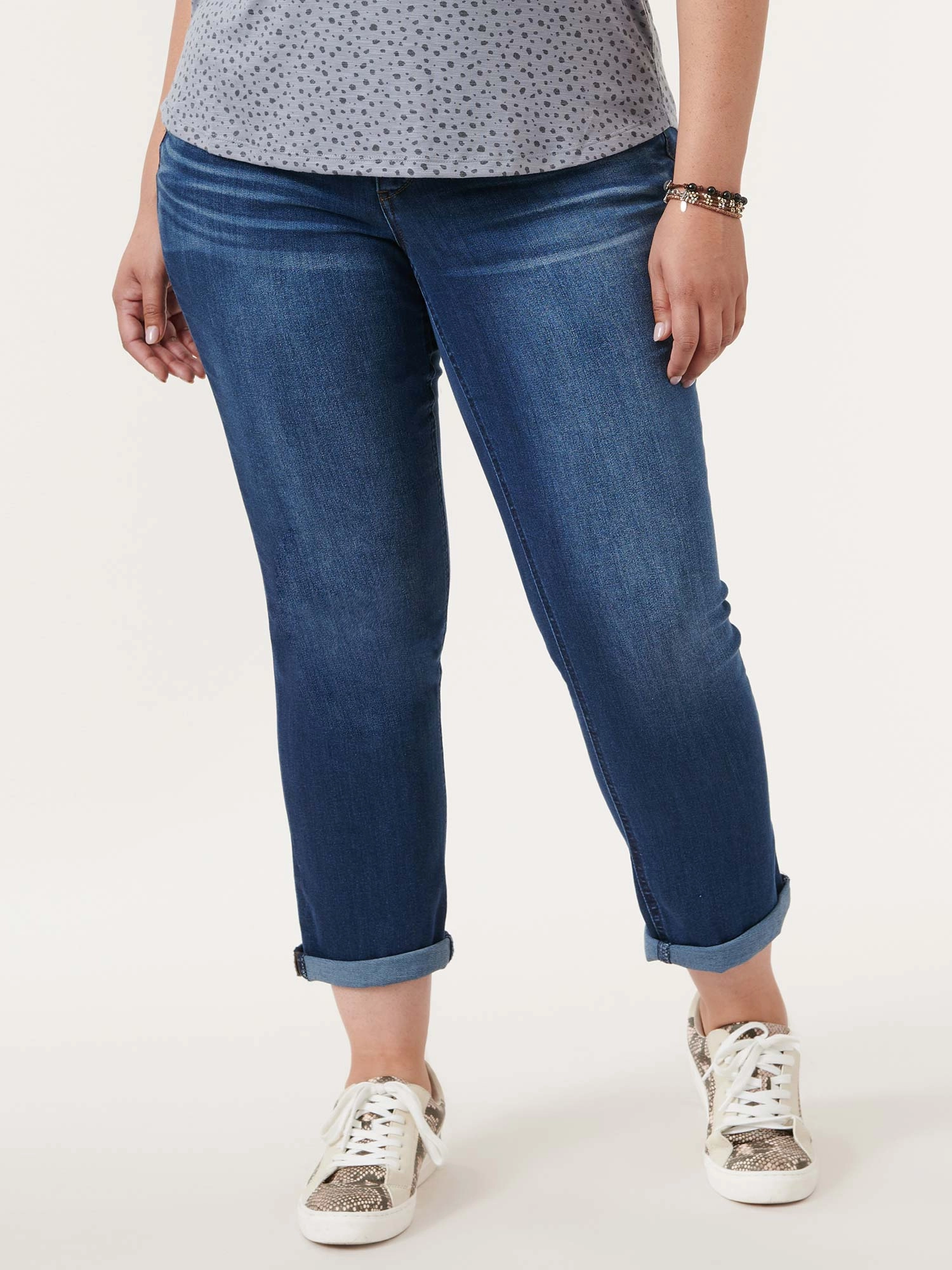 Creative Look Work Ready Lightweight "Ab"solution? Blue Denim Cuffed Plus Girlfriend Jeans