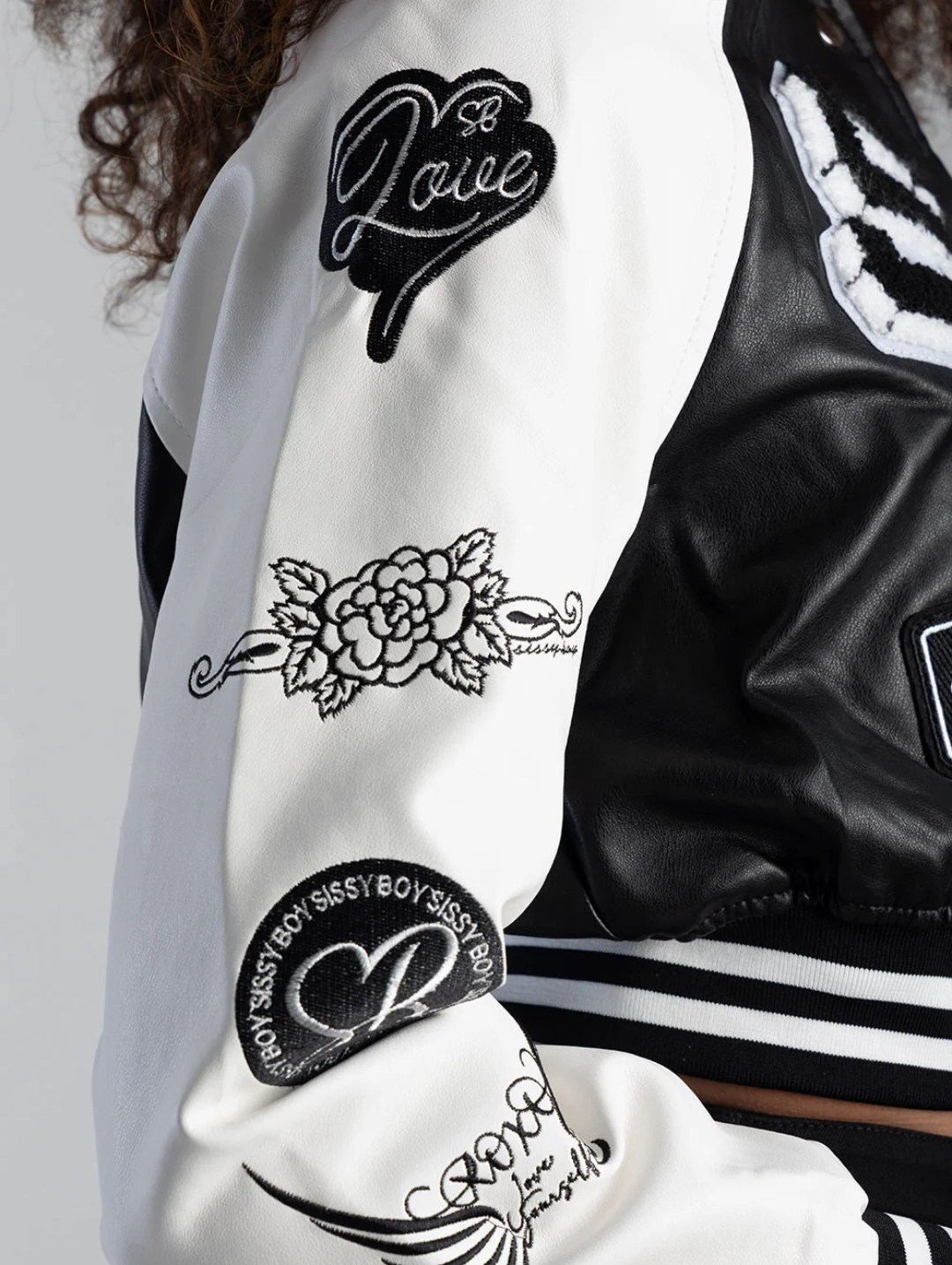 Shrink Resistant Treatment Made The Cut Faux Leather Logo Bomber Jacket - Black/White