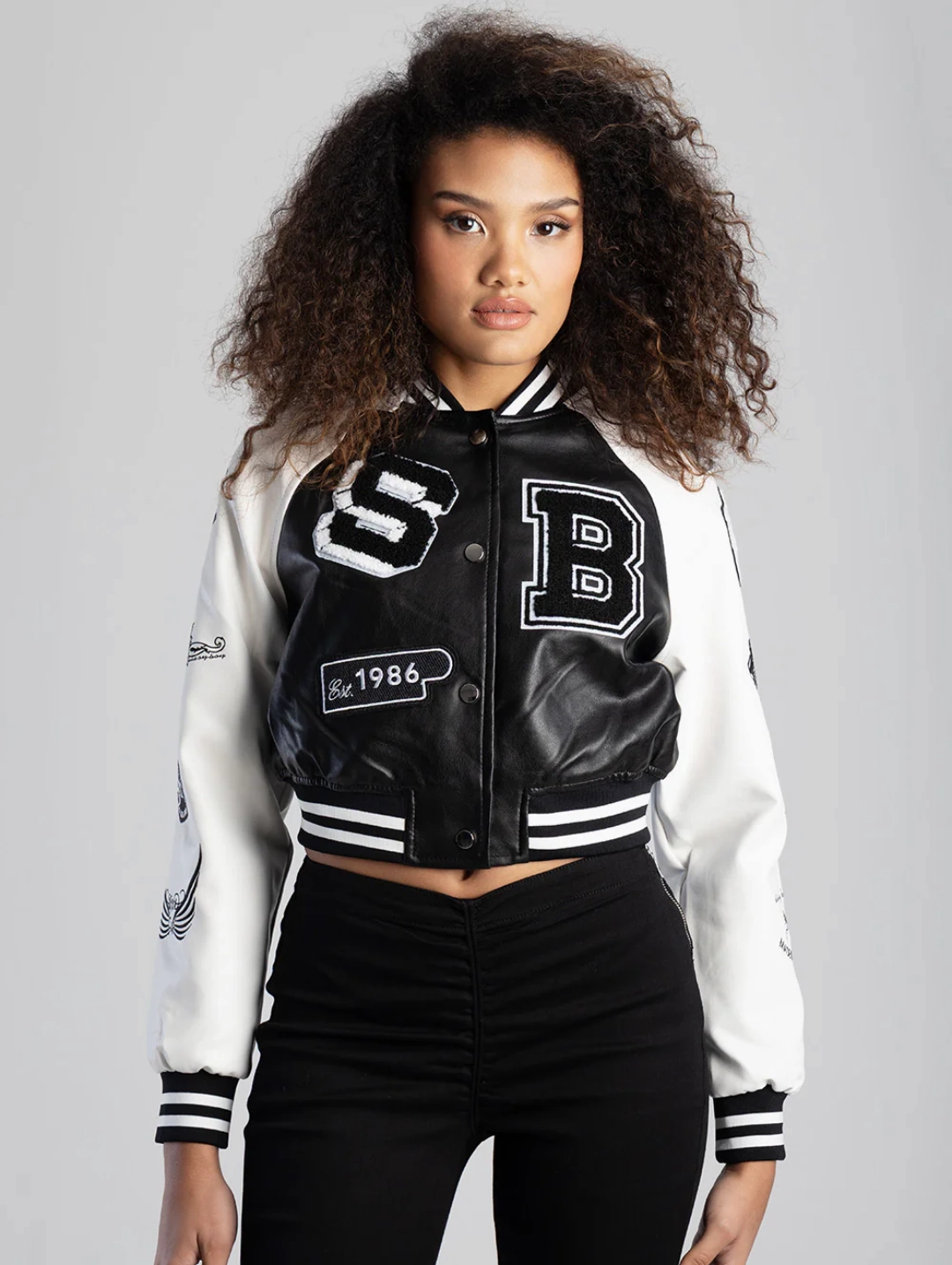 Made The Cut Faux Leather Logo Bomber Jacket - Black/White Universal Fit Framework