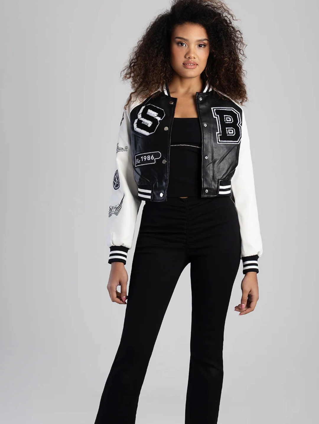 Eco Friendly Padding Made The Cut Faux Leather Logo Bomber Jacket - Black/White