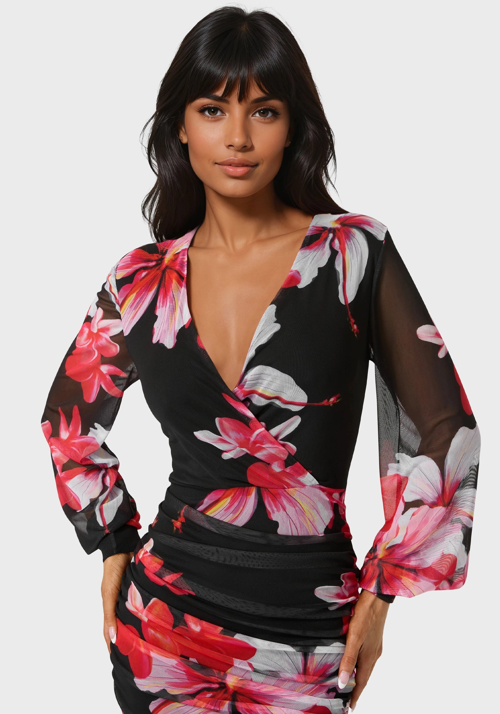 Long Sleeve Ruched Mesh Mini Dress Smart Cut All Day Ready