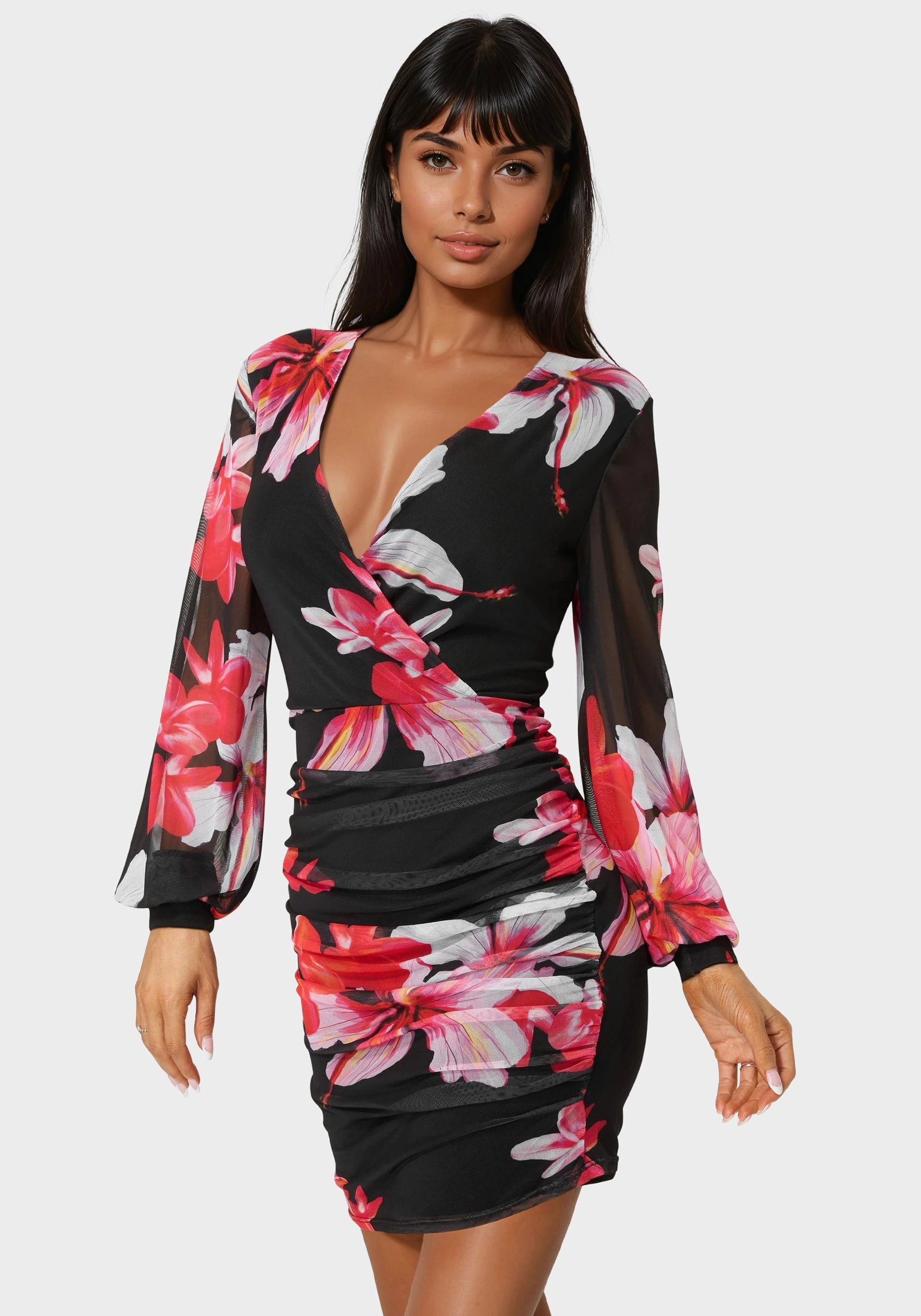 Balanced Lines High-Fashion Long Sleeve Ruched Mesh Mini Dress