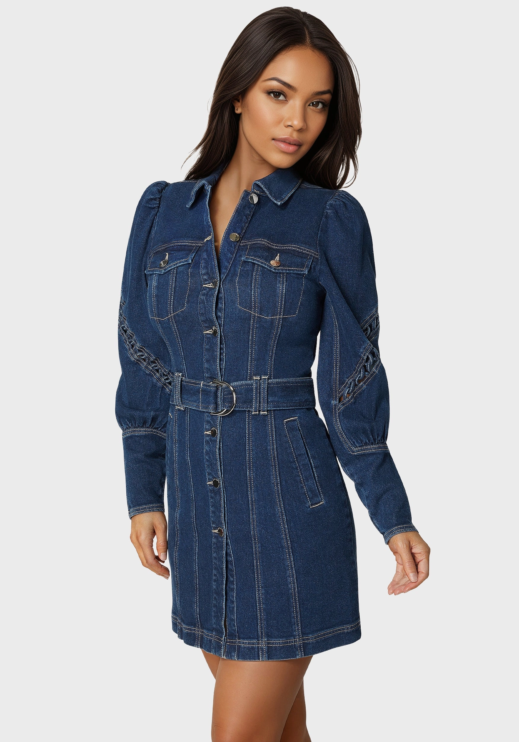Sleeve Detail Front Button Denim Dress EcoFriendlyDye