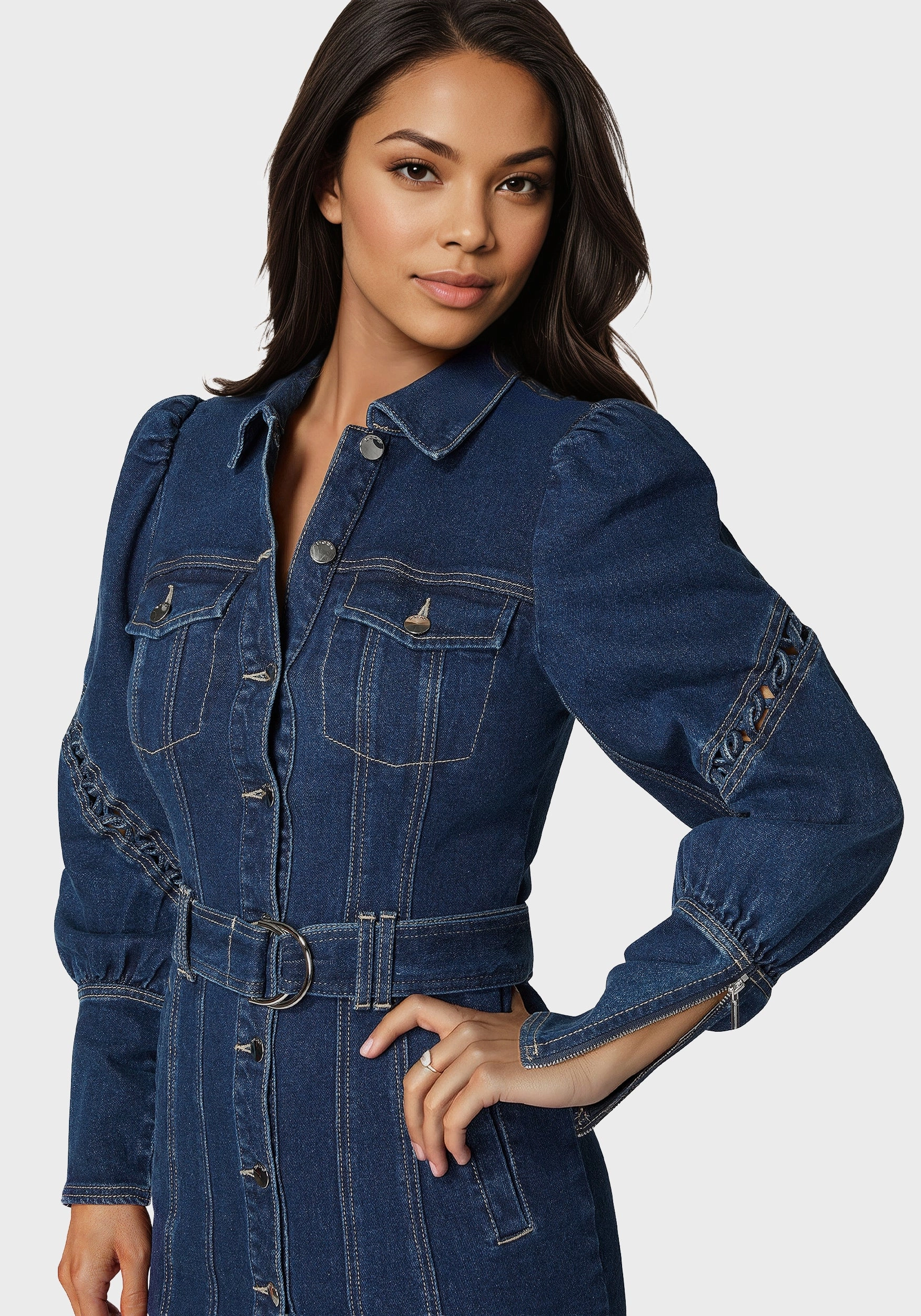 Sleeve Detail Front Button Denim Dress Stylish Layering