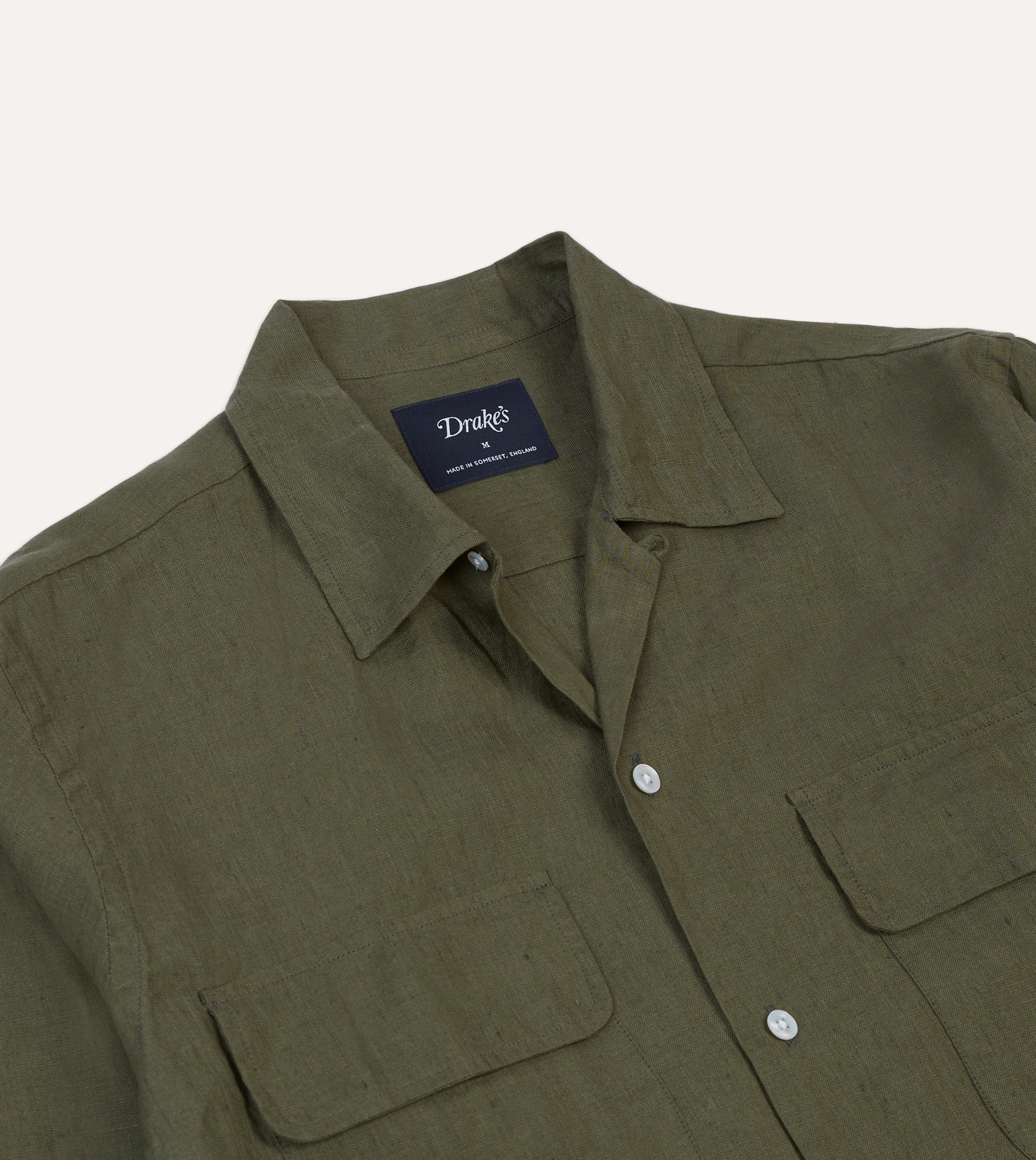 Khaki Linen Camp Collar Long Sleeve Shirt Non Chafe Seams Embellished Neckline