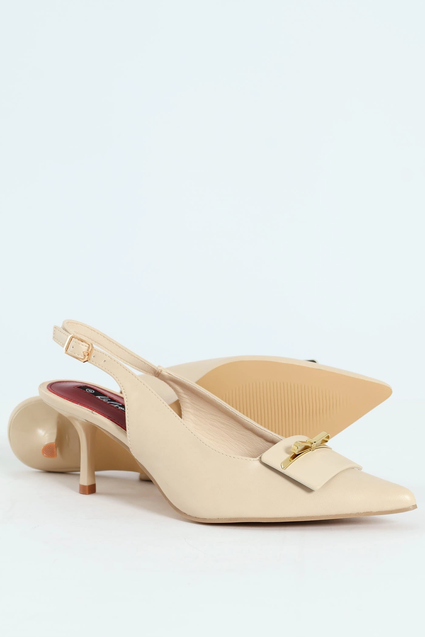 Metal Trim Apron Slingback Kitten Heel - Off White Flexible Construction