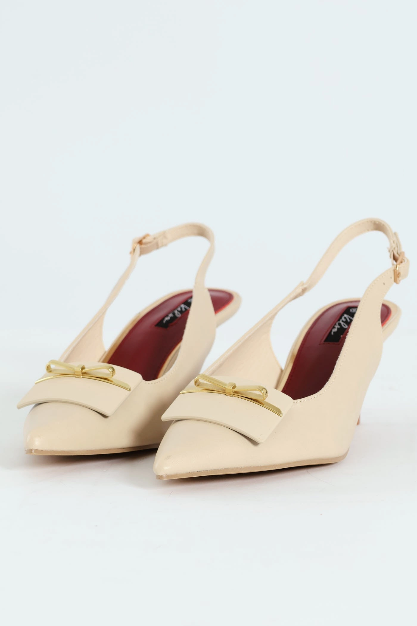 Metal Trim Apron Slingback Kitten Heel - Off White Premium Detail