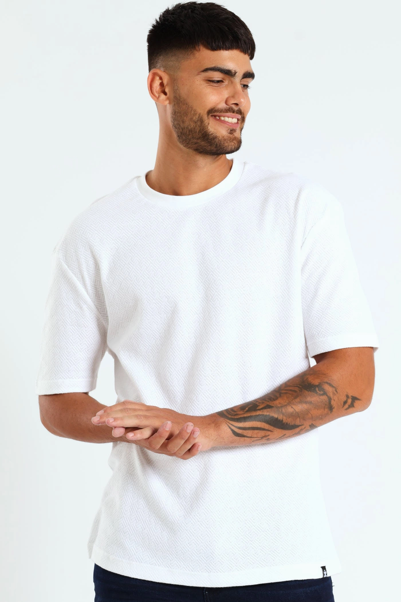Pointelle Textured Tee - White Ribbed Neckline Versatile Option