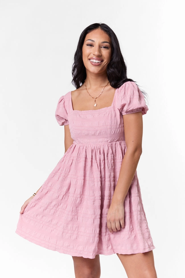 Breezing By Pink Textured Square Neck Mini Dress SALE Texture Mood