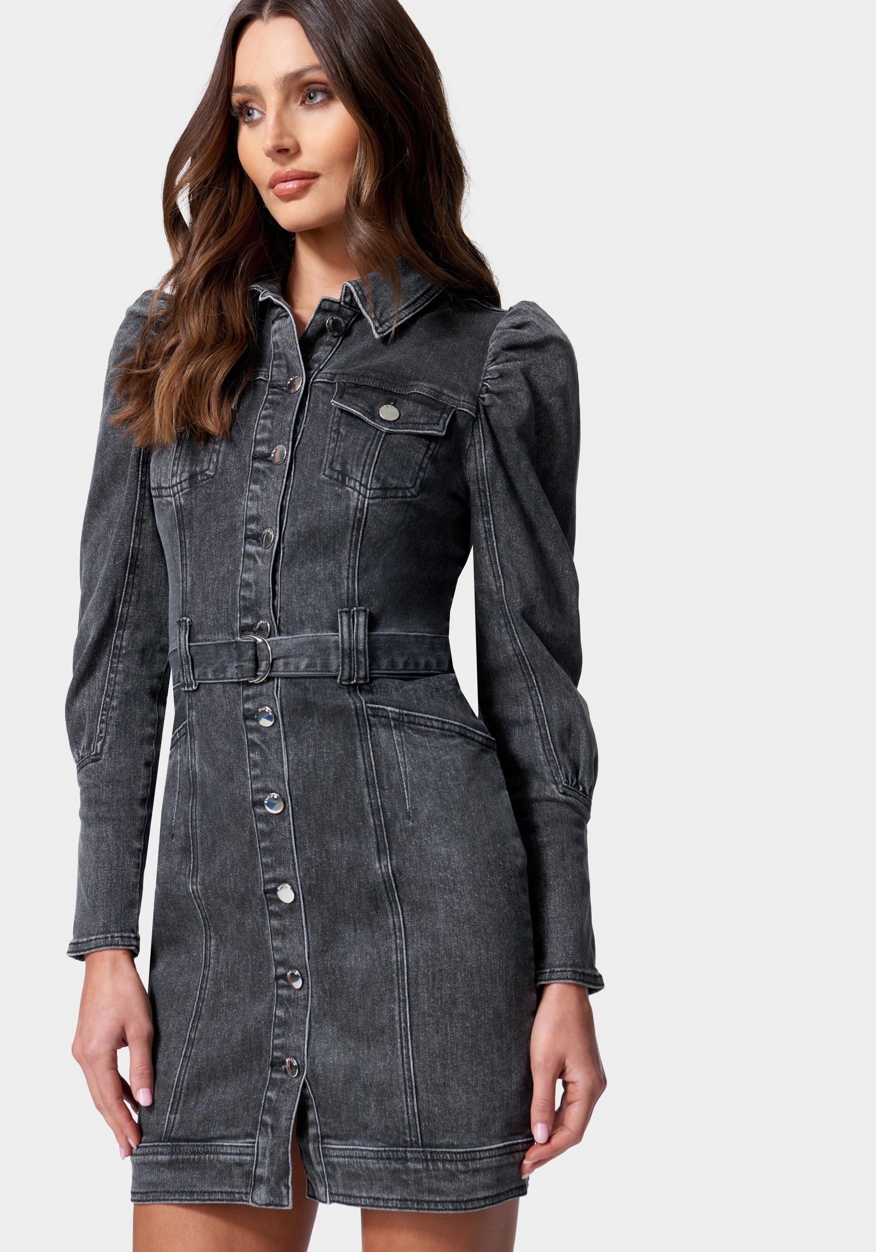 Smooth Layers Professional Comfort Puff Sleeve Button Down Denim Dress