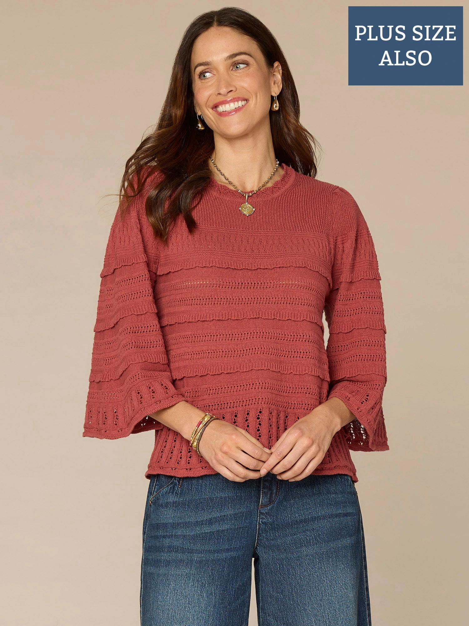 Bell Sleeve Round Neck Variegated Stitch Plus Size Sweater Comfy Style