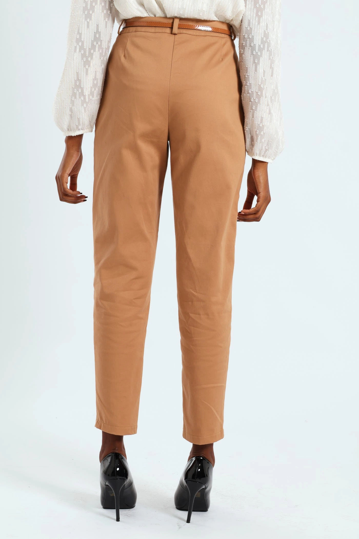 Flattering Waist Wrinkle Resistant Finish Chino Belted Pant - Stone