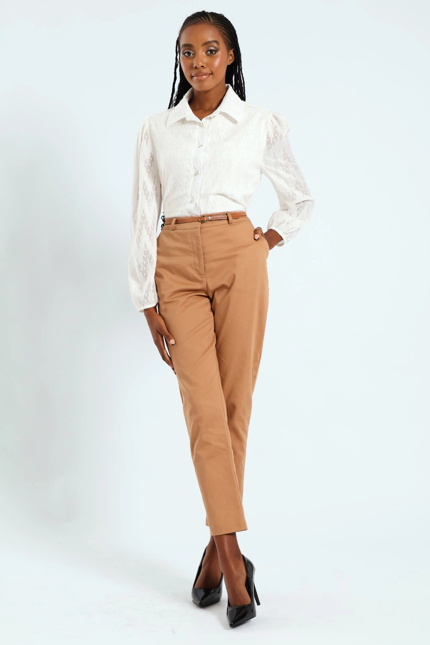 Chino Belted Pant - Stone Smooth zipper closure Seamless Comfort