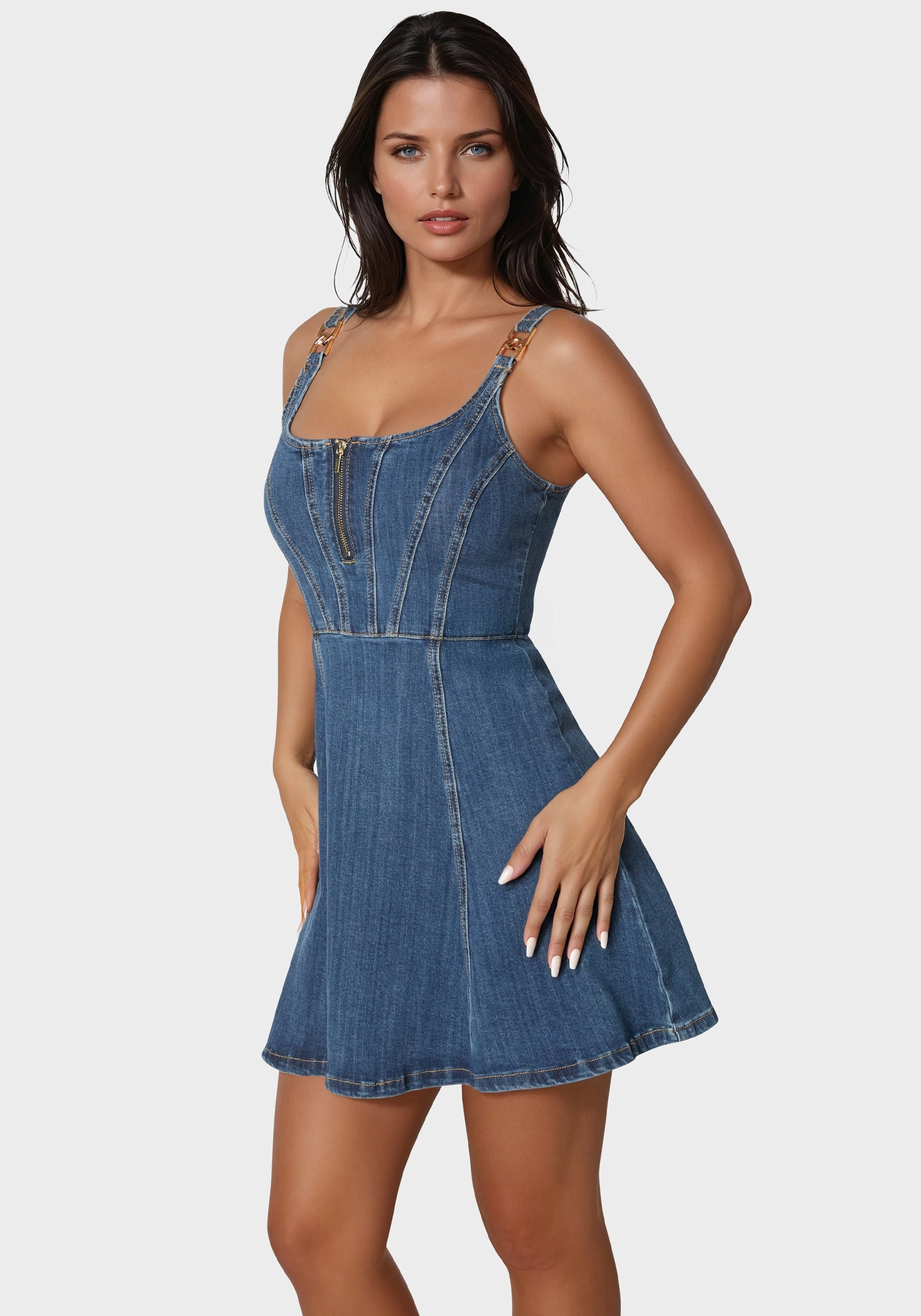 Trim Detail Fit & Flare Denim Dress Mesh-Sleeve