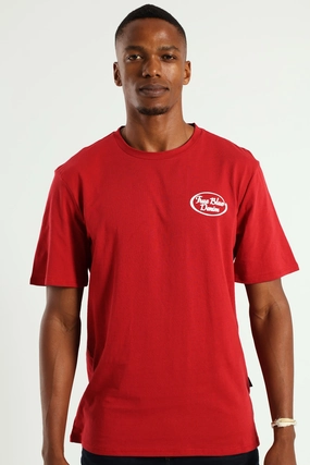 True Blue Denim Front & Back Tee - Dark Red loose but not baggy Durable Ribbed Hem