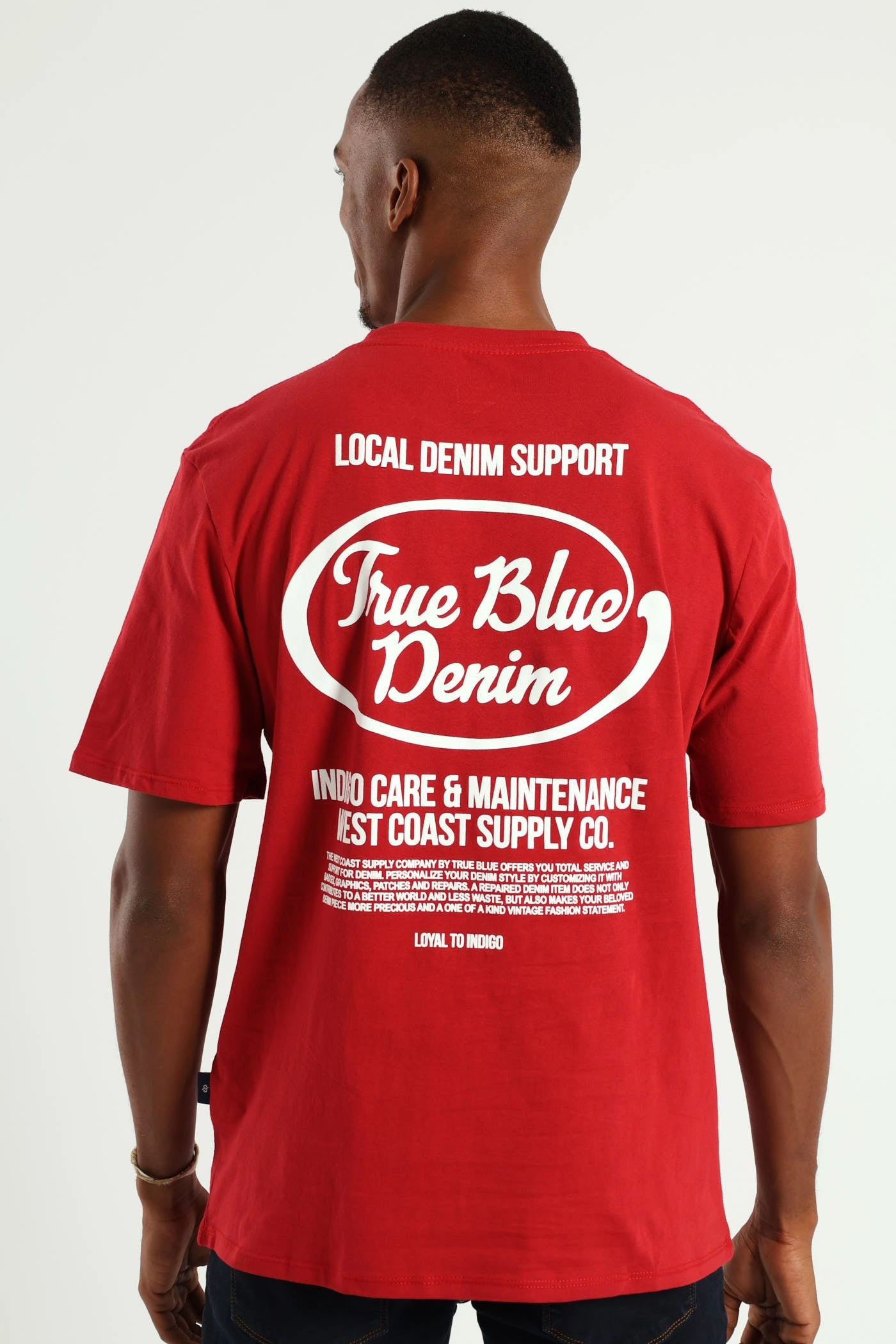 Trendy Comfort True Blue Denim Front & Back Tee - Dark Red