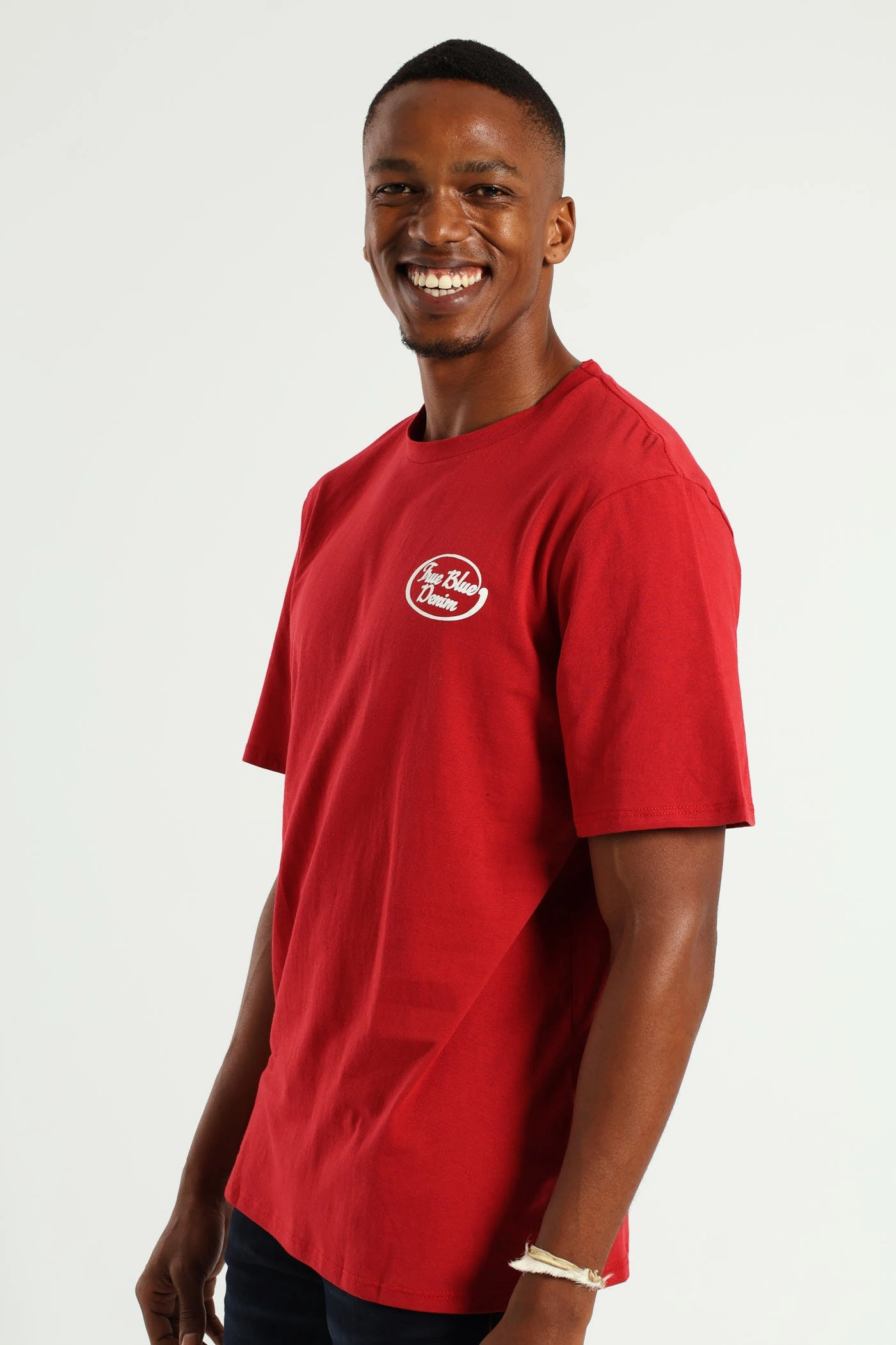 Chilly Day Wear True Blue Denim Front & Back Tee - Dark Red