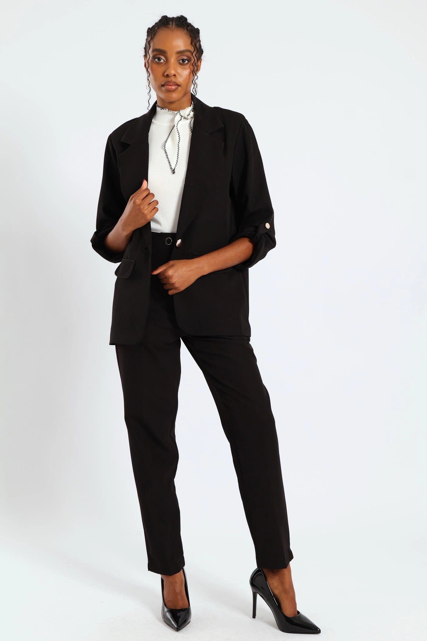 Turn Up Tab Blazer - Black Casual Classic Ergonomic Armhole Cut