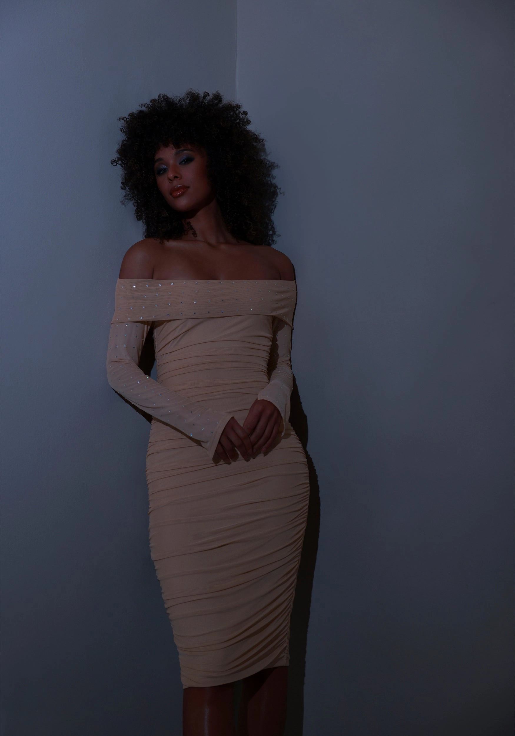 bebe Off Shoulder Mesh Midi Dress Embellished With Crystals by Swarovski Simple Form