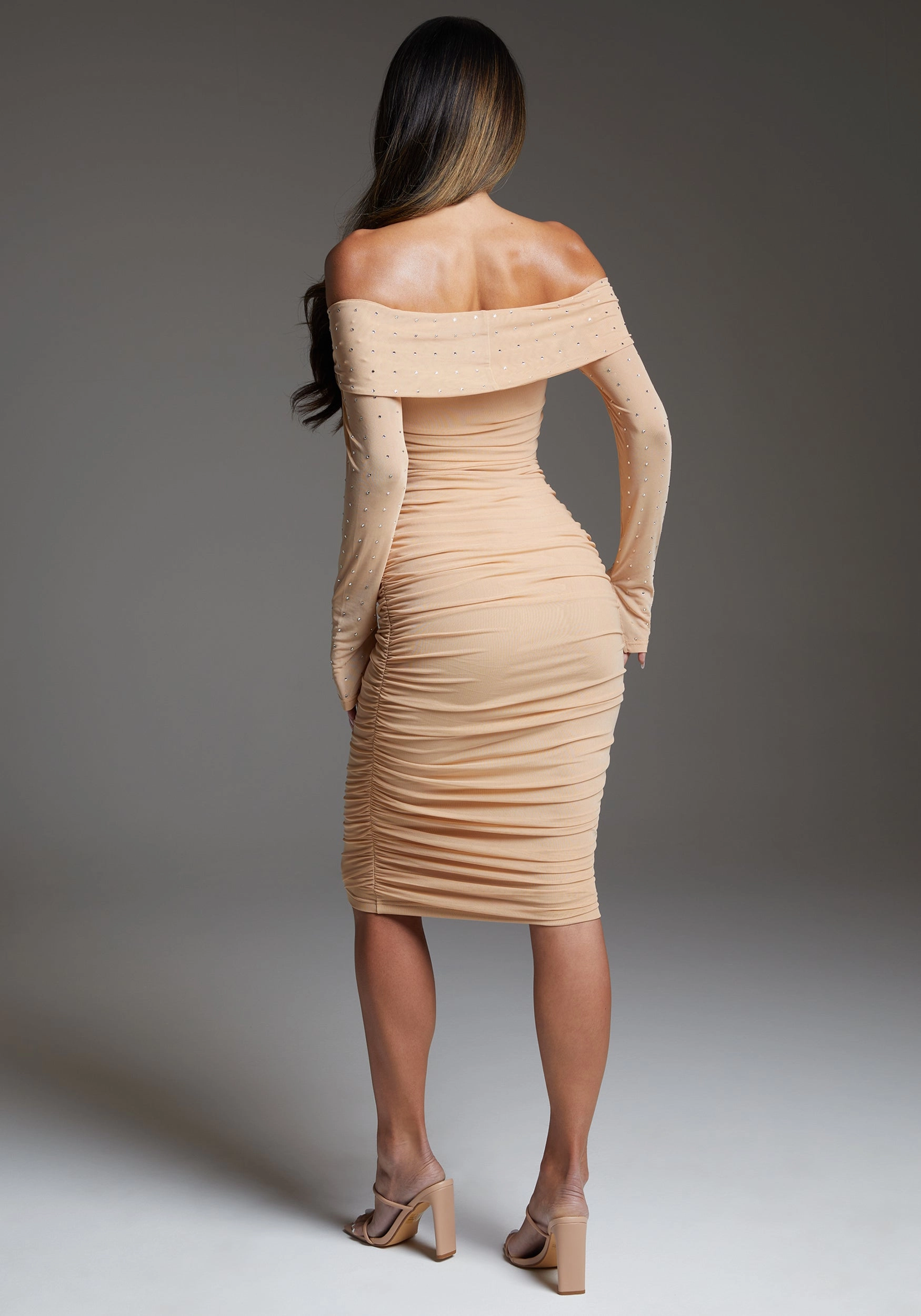 bebe Off Shoulder Mesh Midi Dress Embellished With Crystals by Swarovski Urban Aesthetic Bold colors