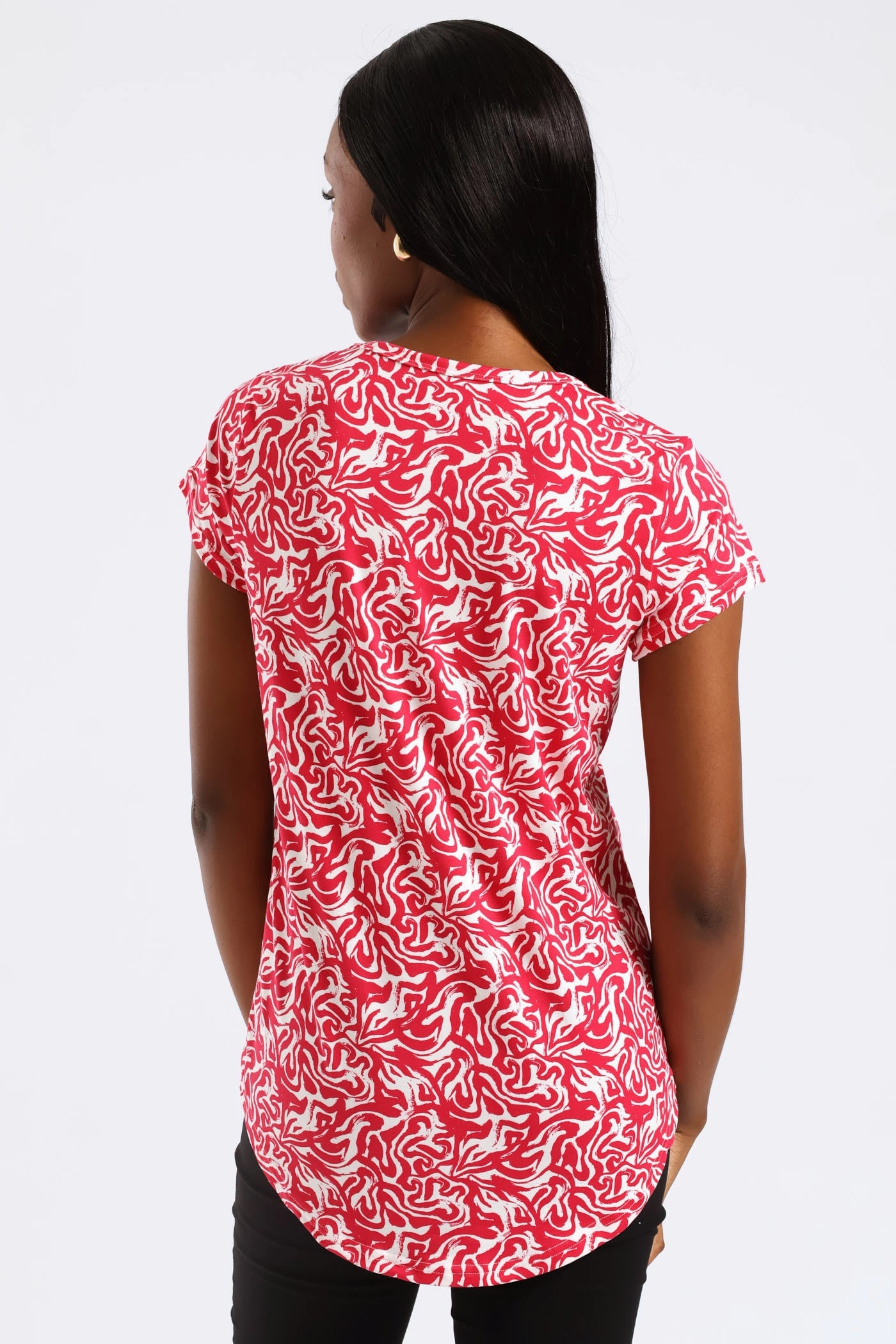 Two Tone Abstract Swirl Print Pocket Tee - White/Pink HighElasticity