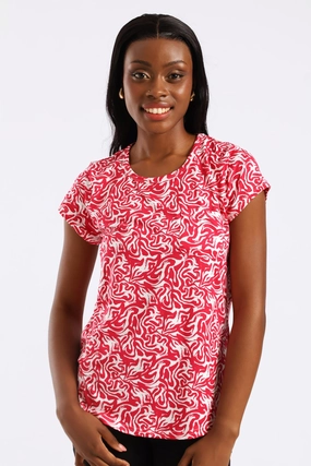 Two Tone Abstract Swirl Print Pocket Tee - White/Pink Timeless Cut