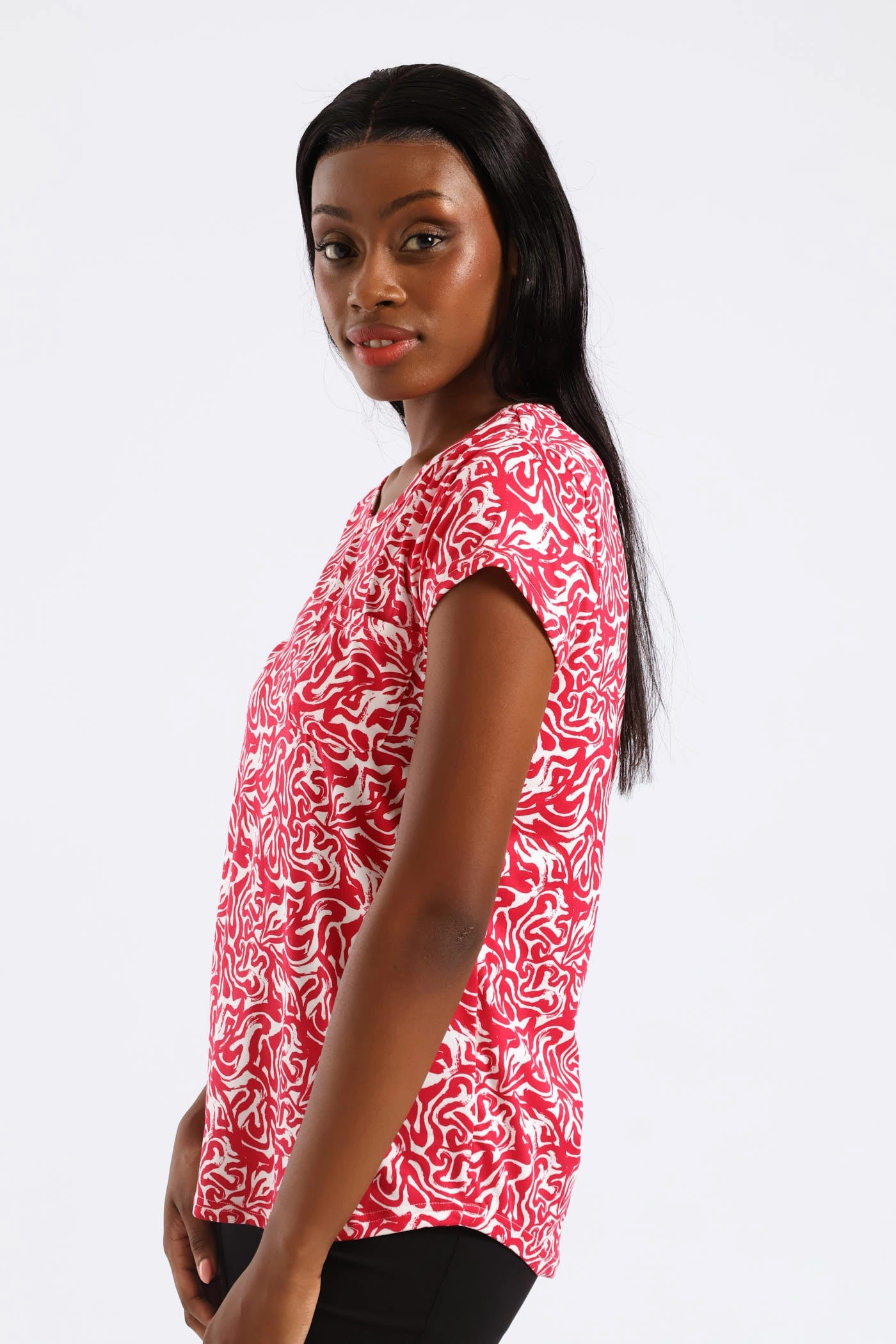 Two Tone Abstract Swirl Print Pocket Tee - White/Pink Adjustable Hemline Multi Panel Cut