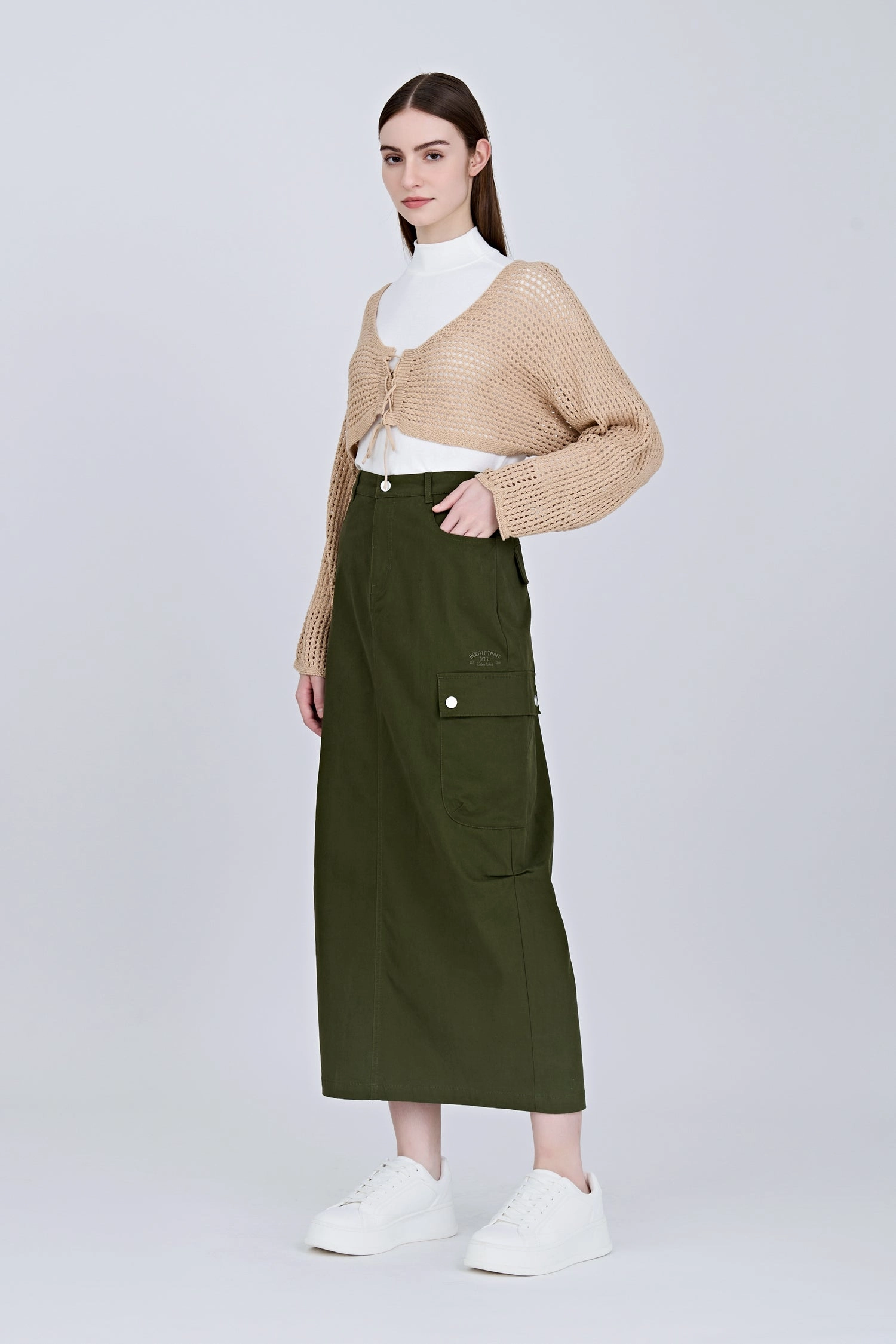 Front Fly Cargo Skirt - Army Green Travel Friendly Texture Shot