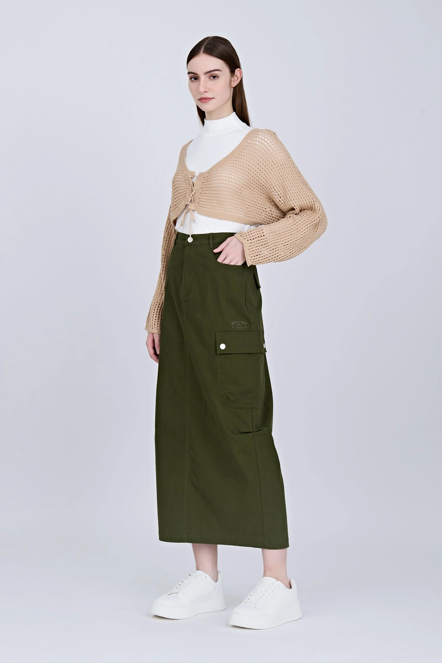 Front Fly Cargo Skirt - Army Green Breezy Flow ruffle trim