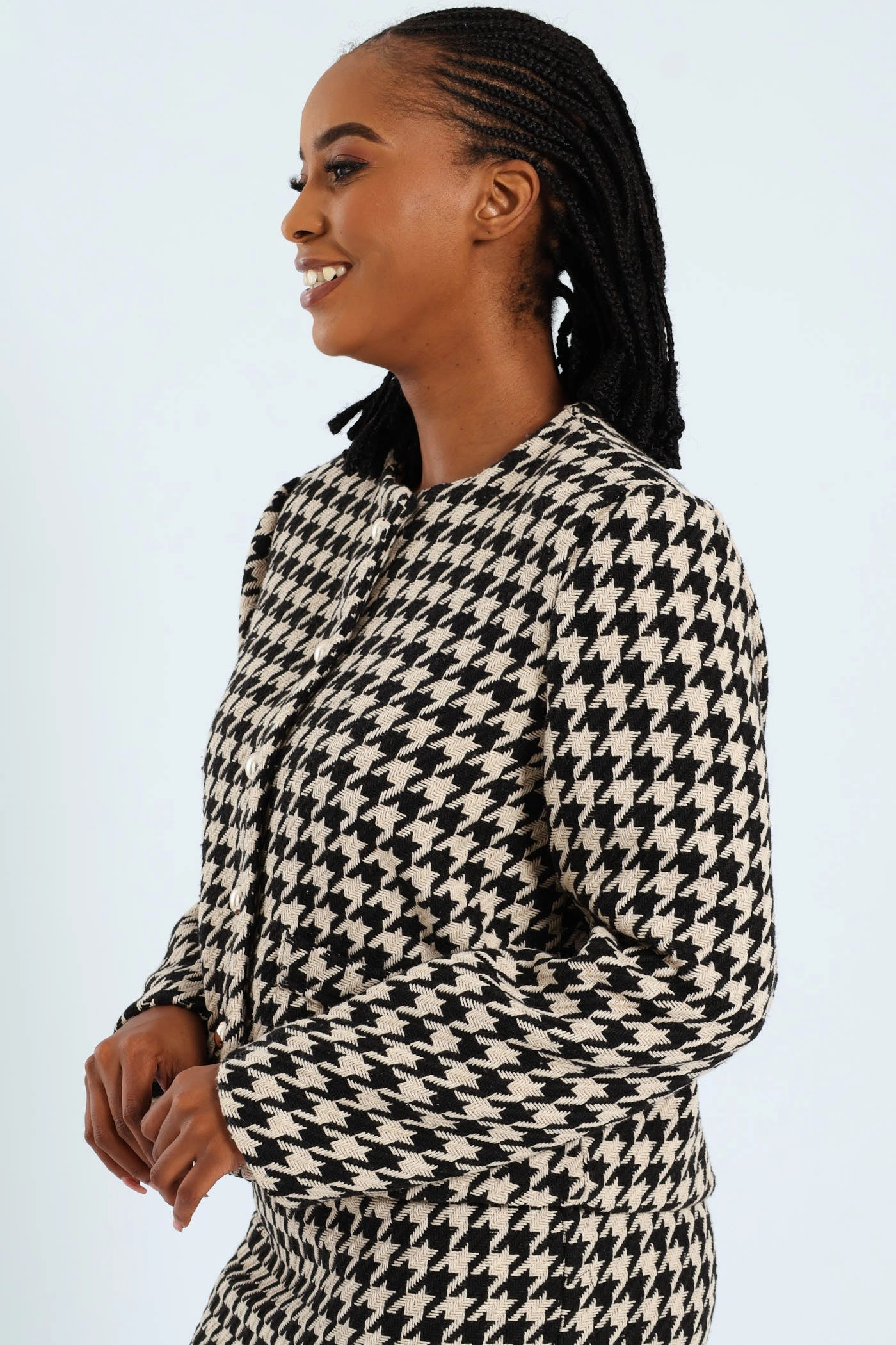 Non Restrictive Mobility Collarless Houndstooth Blazer - Black/Beige
