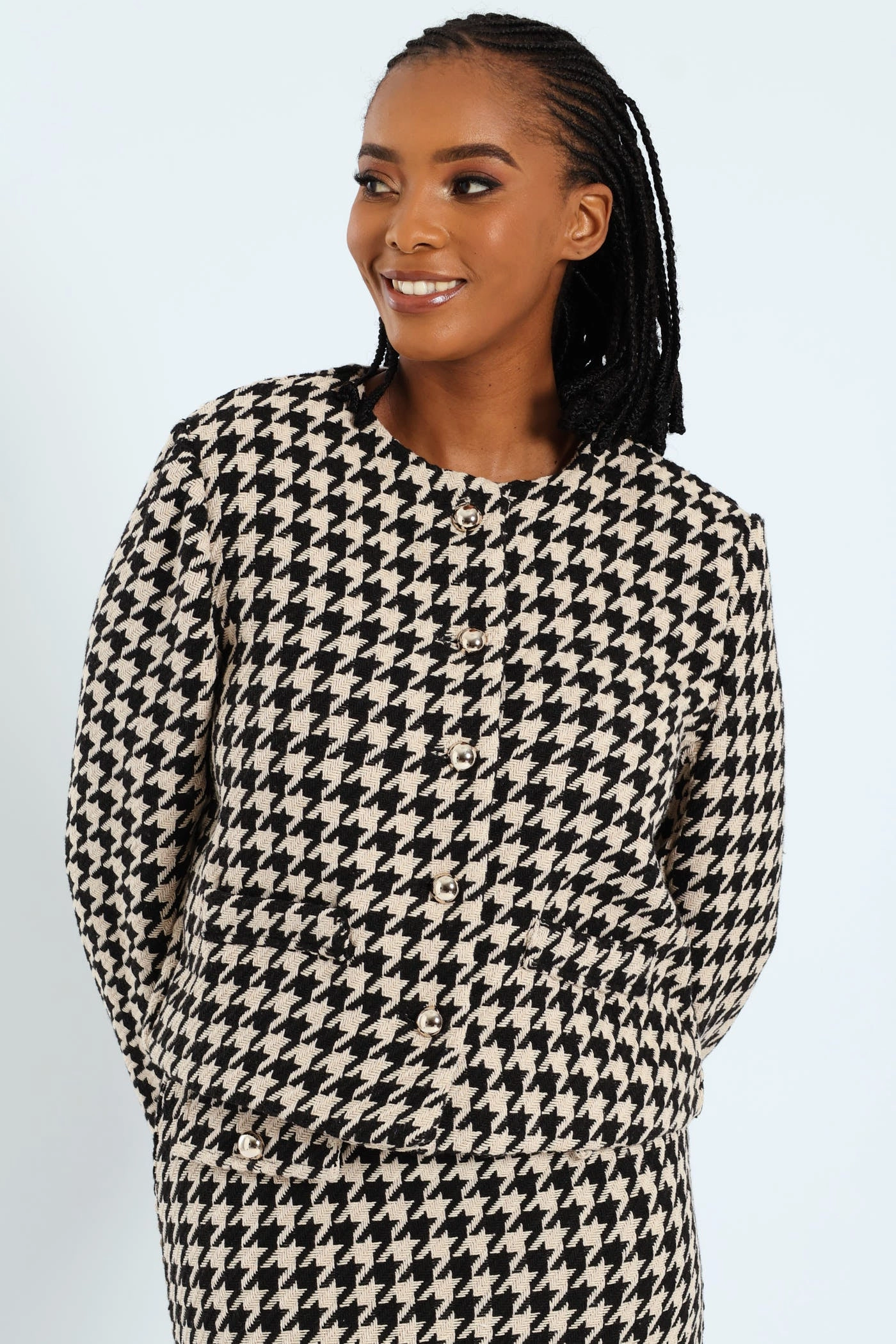 Collarless Houndstooth Blazer - Black/Beige Elastic Binding
