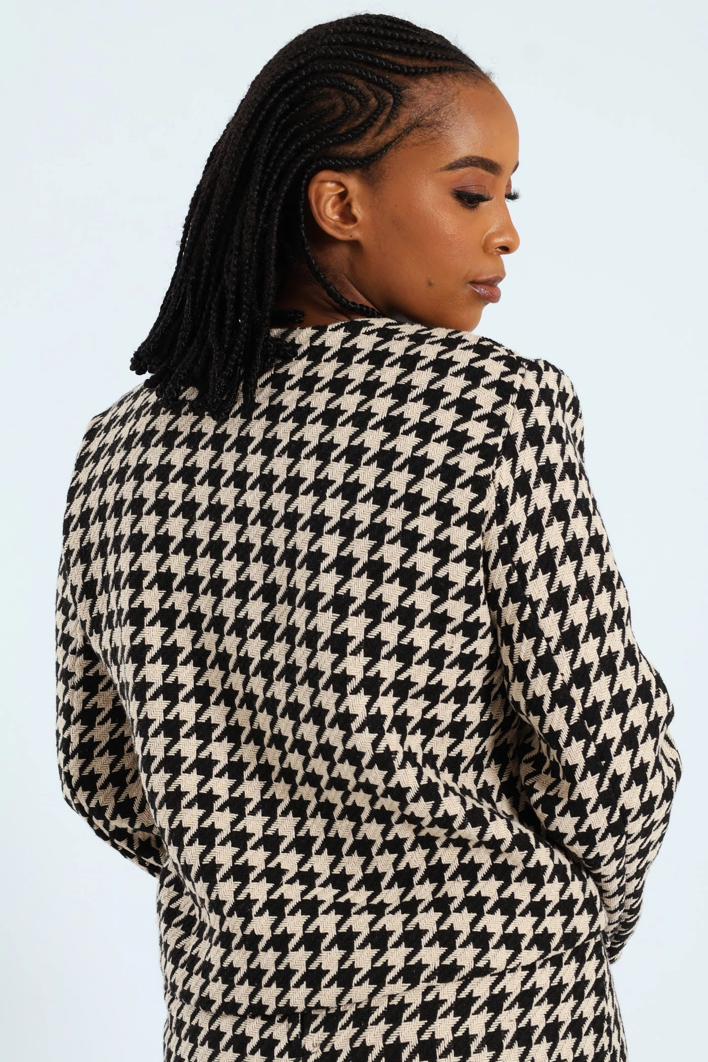 Collarless Houndstooth Blazer - Black/Beige InterchangeableLining