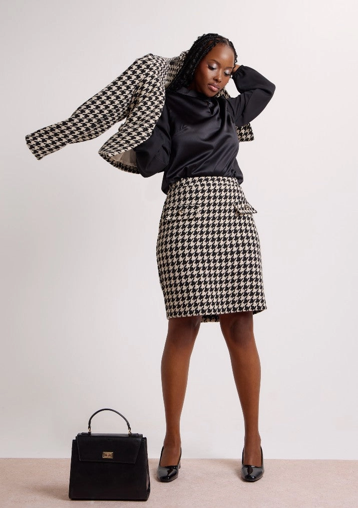 Collarless Houndstooth Blazer - Black/Beige Low Maintenance Fabric Reflective details
