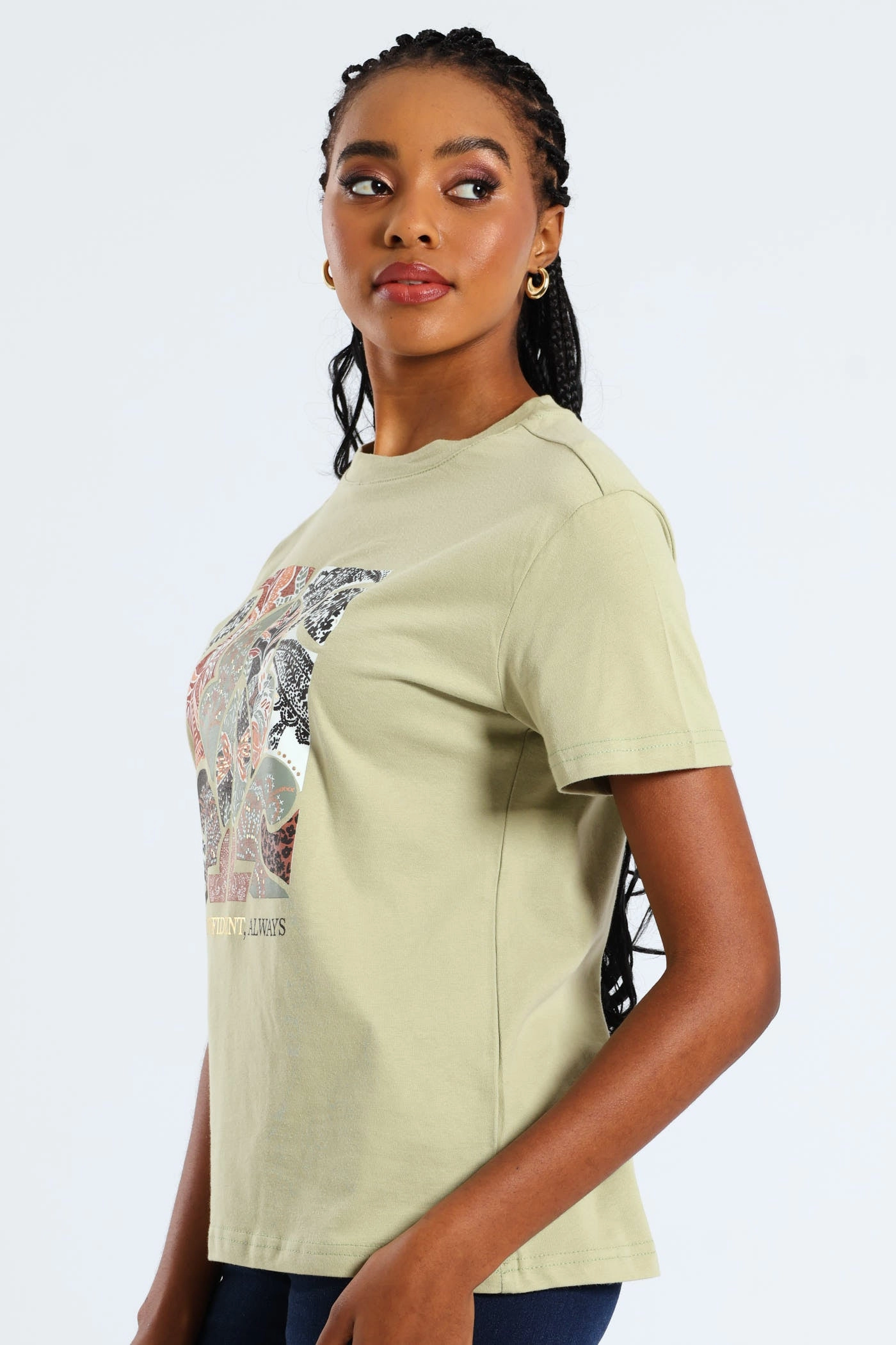 Stay Confident Paisley Frame Tee - Pistachio Green Contrast Stitch Detail
