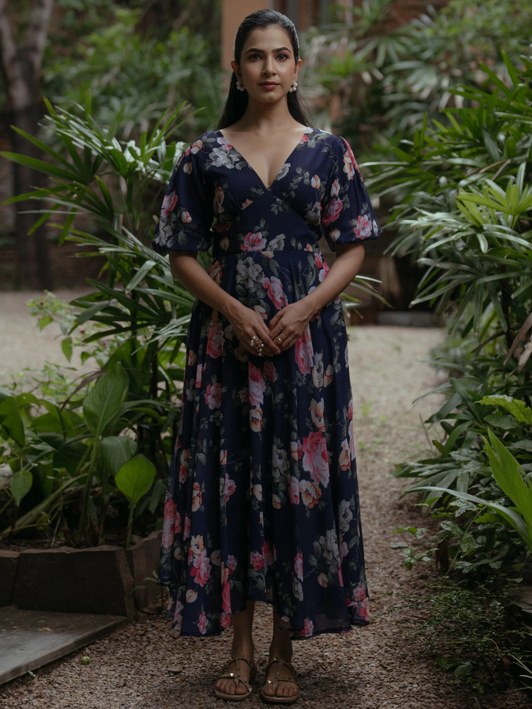 Women's Printed Baloon Sleeve Georgette Midi Dress Airy Movement