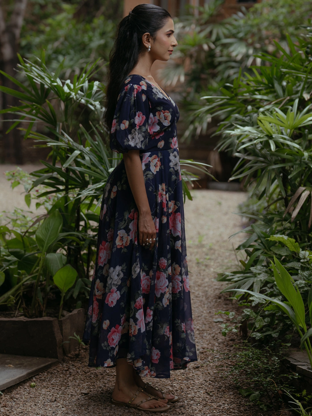 Women's Printed Baloon Sleeve Georgette Midi Dress Smart and Chic