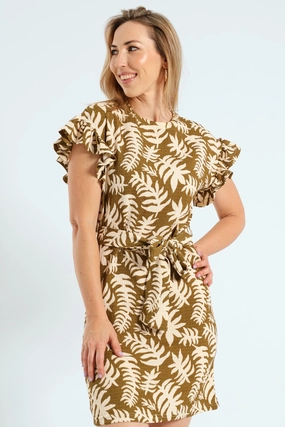 Frill Sleeve Belted Pleated Knit Shift Mini Dress - Avocado Evening Wear