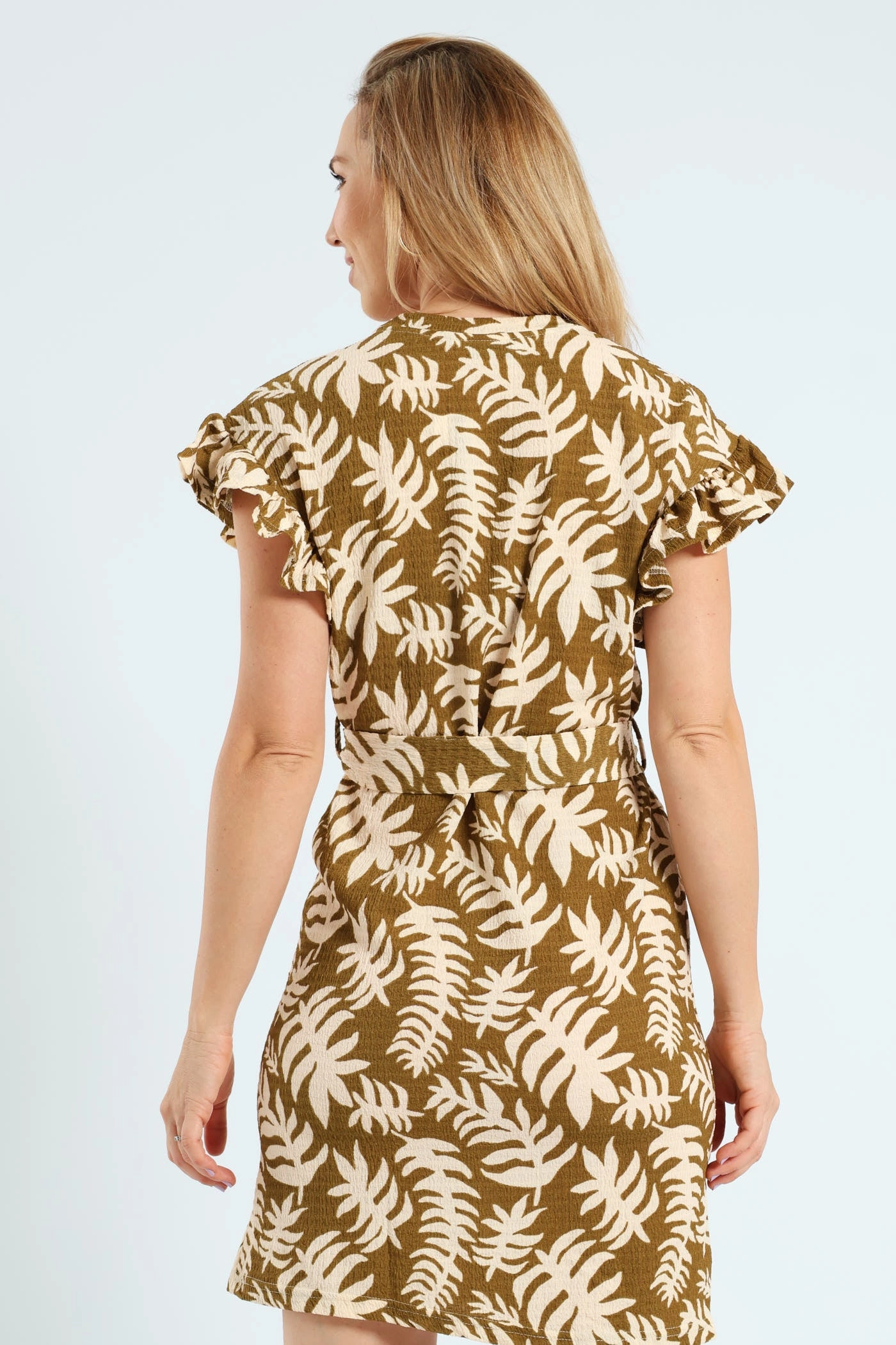 Snap-Closure Elegant formal piece Frill Sleeve Belted Pleated Knit Shift Mini Dress - Avocado