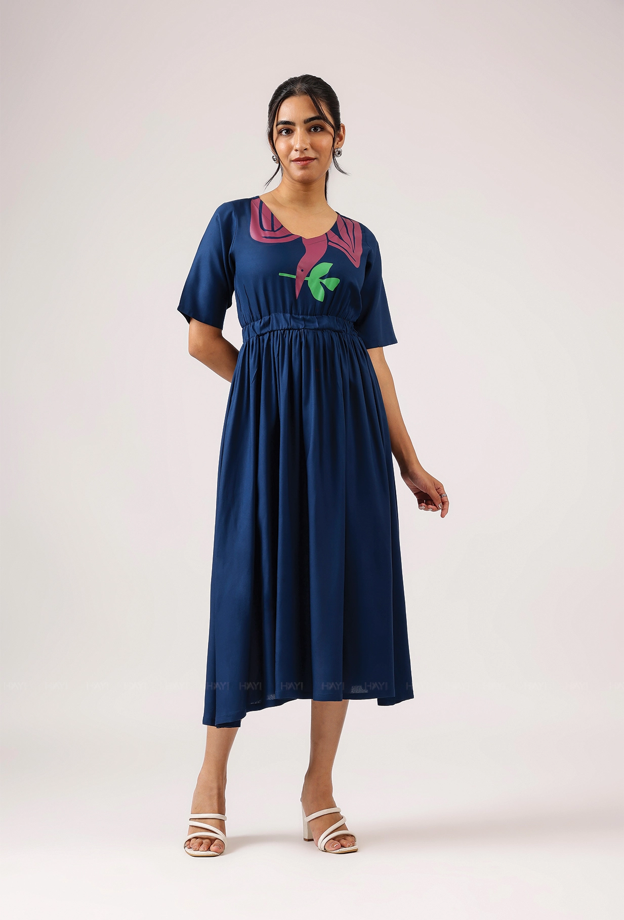 Dark Navy with Breeze 'o' Feathers printed Viscose Dress Timeless office dress